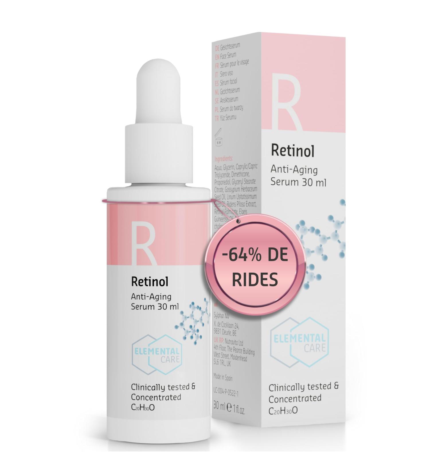 -64% Wrinkles in 3 Months Retinol Face Serum 30ml Anti-Wrinkle and Sebum-Regulating Face Care for Clear and Rejuvenated Skin - Women's Face Care Clinically Tested by Elemental Care - Buy Online on GoSupps.com
