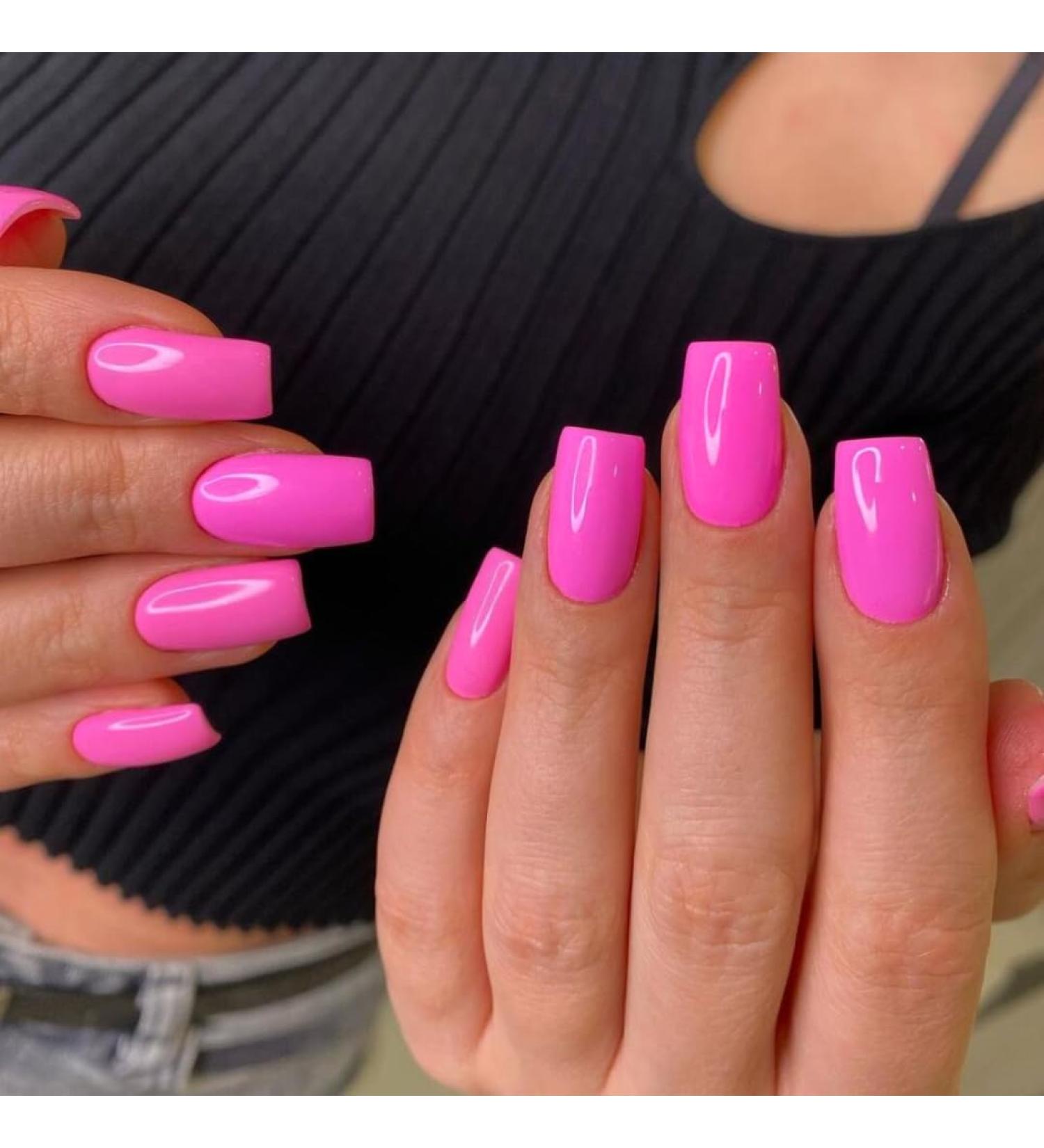 Hot Pink Press on Nails - Medium Square Coffin Style | Thick Reusable Gel Acrylic False Nails | 24 Glossy Solid Color Set - SXVME - Buy Online on GoSupps.com
