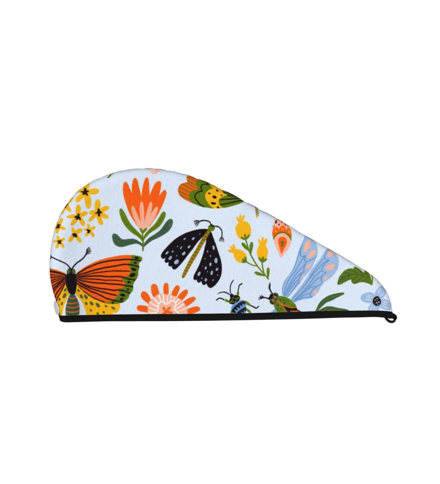 Microfiber Hair Drying Cap - Soft Absorbent Towel Wrap for Curly Long & Thick Hair | Quick Dry Insects & Flowers Design - Buy Online on GoSupps.com