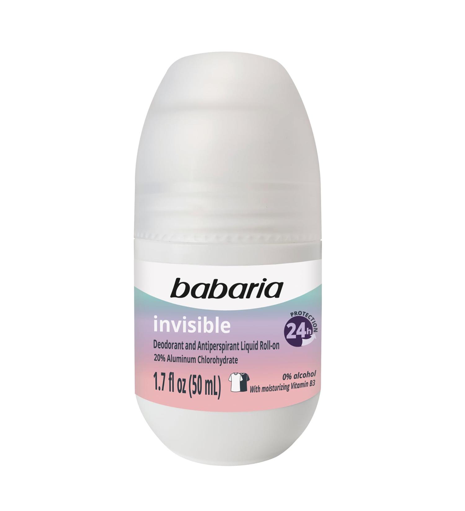 Babaria Roll-On Deodorant Invisible - Antiperspirant for Women and Men - 24-Hour Protection with Vitamin B3 - Hydrating Anti Sweat Deodorant - 1.7 oz