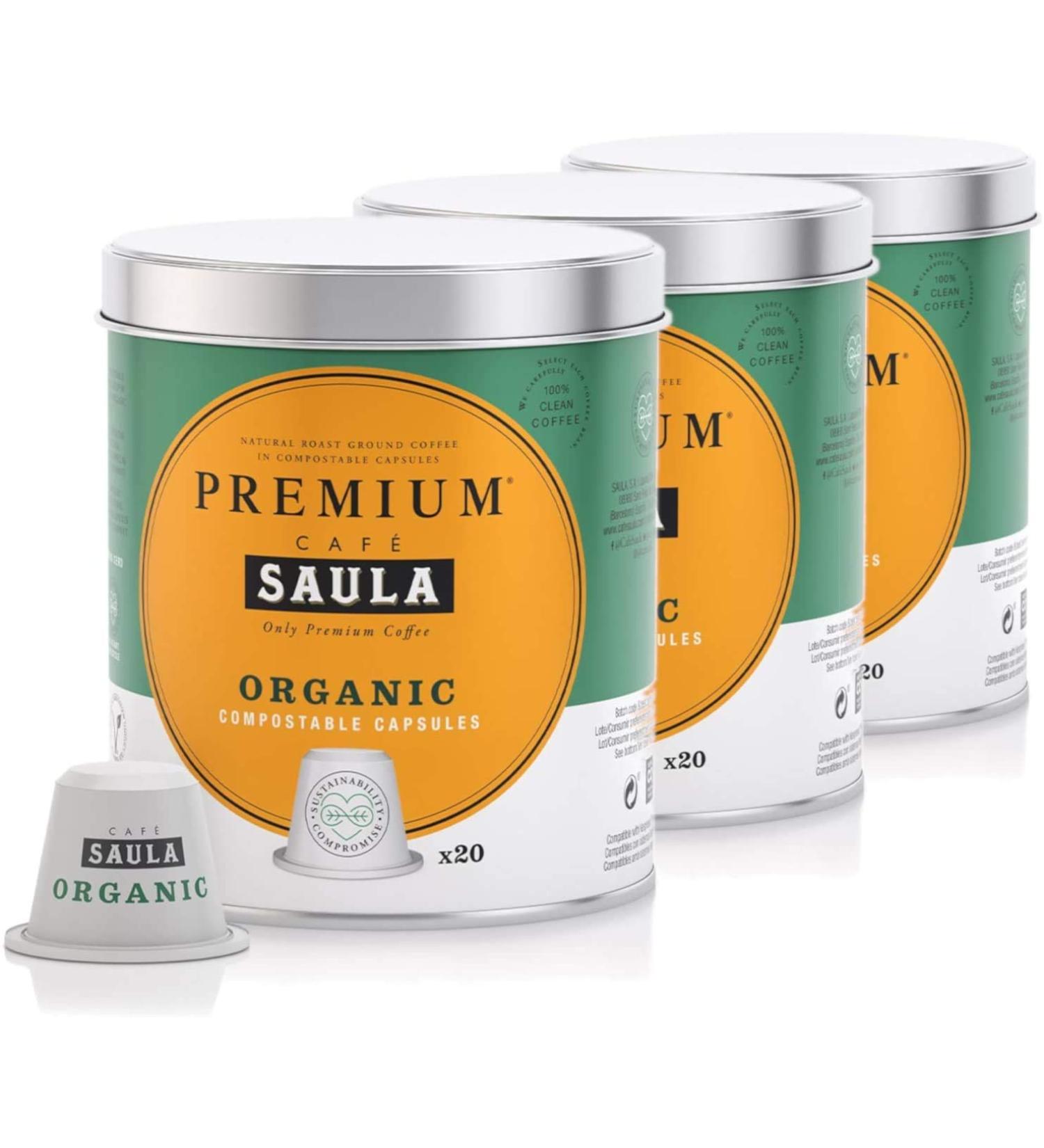 Caf Saula Pack of 3 boxes 60 compostable capsules. 100% organic coffee. Nespresso compatible - Buy Online on GoSupps.com
