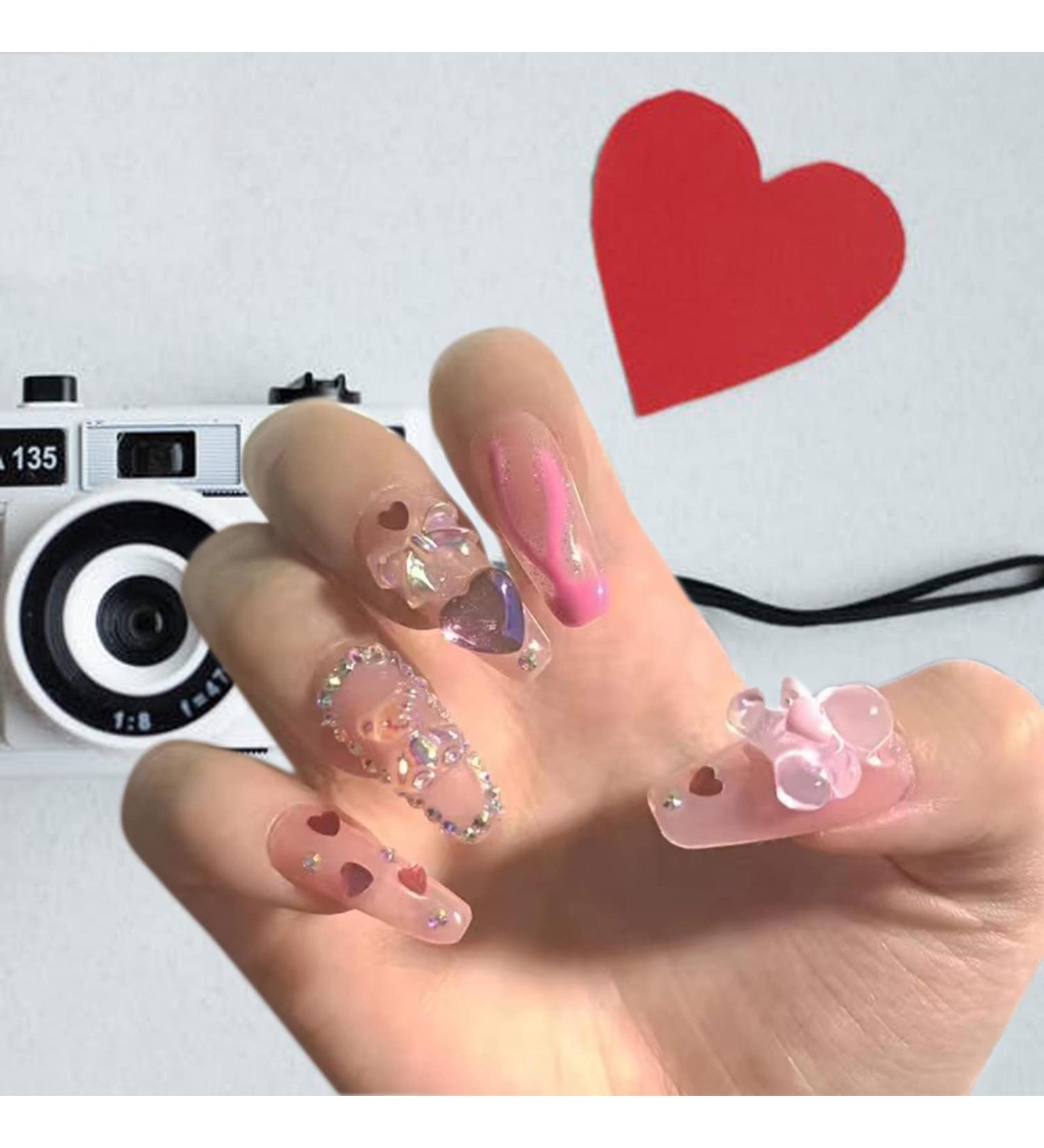 Nude Heart Medium Acrylic Press on Fake Nails Set - 24 Bear Diamond Coffin False Nails with Glue Tabs | Glossy Full Cover Stick on Nails for Women - JP1360 - Buy Online on GoSupps.com