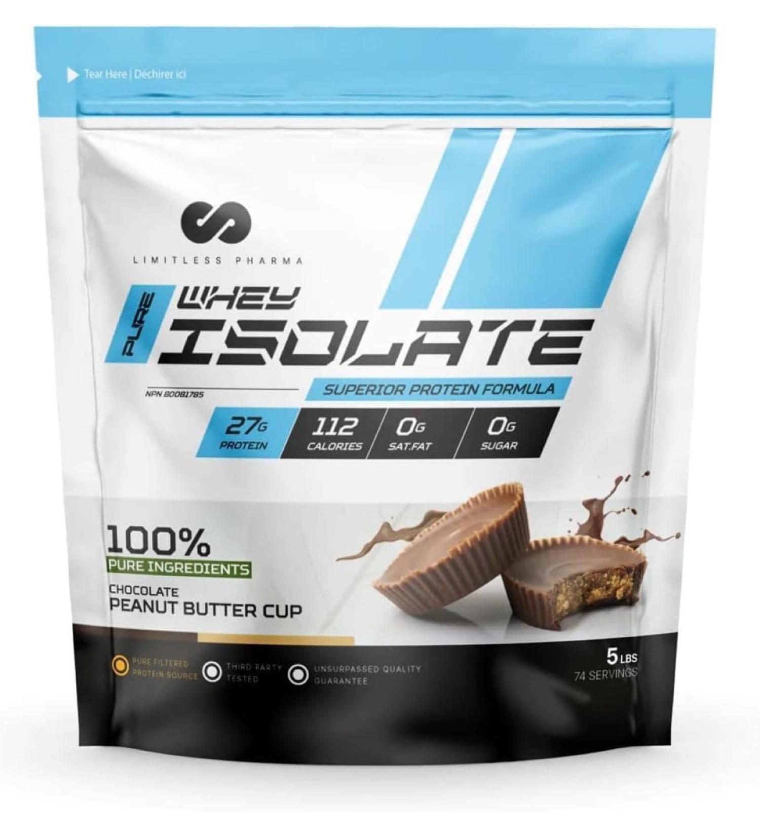 Limitless Pharma Pure Whey Isolate | High Protein Whey Isolate Protein Powder | 27g Protein 6g BCAAs Sugar Free Gluten Free Low Carb Low Lactose | 74 Servings 5LB (Chocolate Peanut Butter Cup) Chocolate Peanut Butter Cup 5LB - Buy Online on GoSupps.com