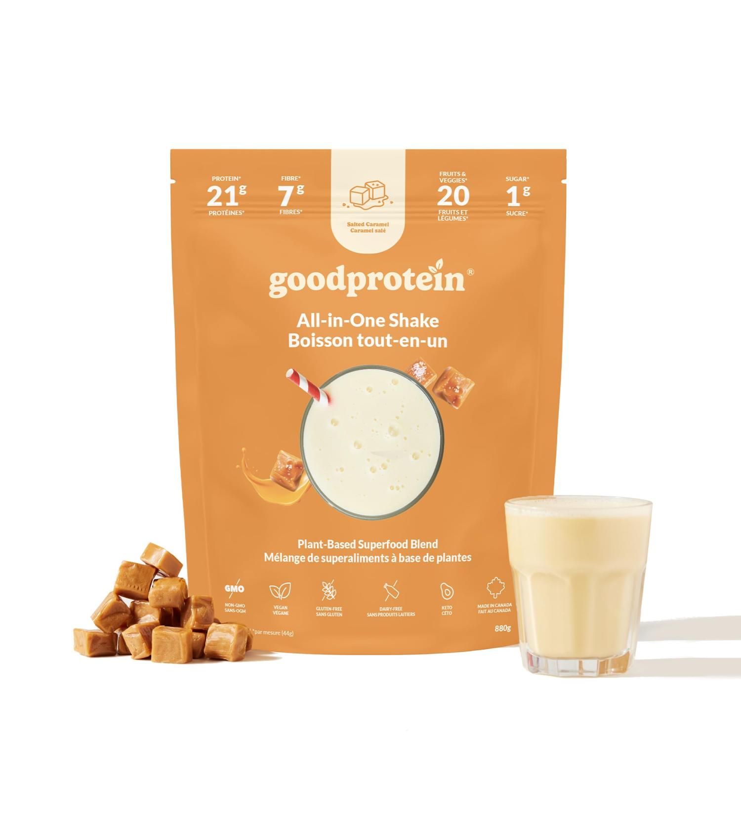Good Protein Vegan Plant-based Protein Powder 100% Natural Non-GMO Dairy-free Gluten-free Soy-free No Added Sugar and Nothing Artificial. Salted Caramel All-in-One Shake 880 grams Salted Caramel 880 g - Buy Online on GoSupps.com