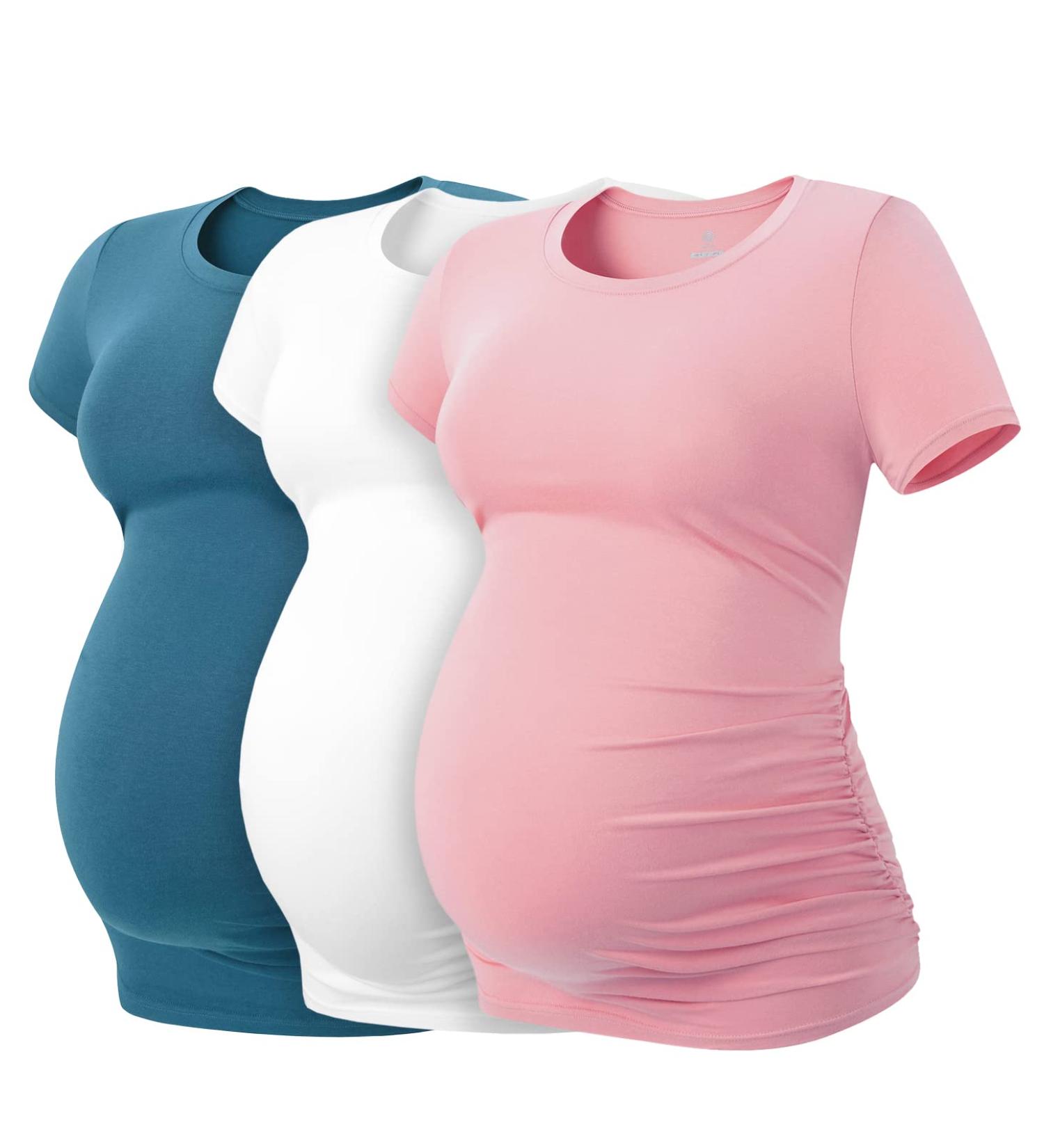 LAPASA Women's Maternity Tshirts - Soft Modal Cotton Side Ruched Crew Neck Tees - Dark Green/Pink/Off White - L55 - Buy Online on GoSupps.com