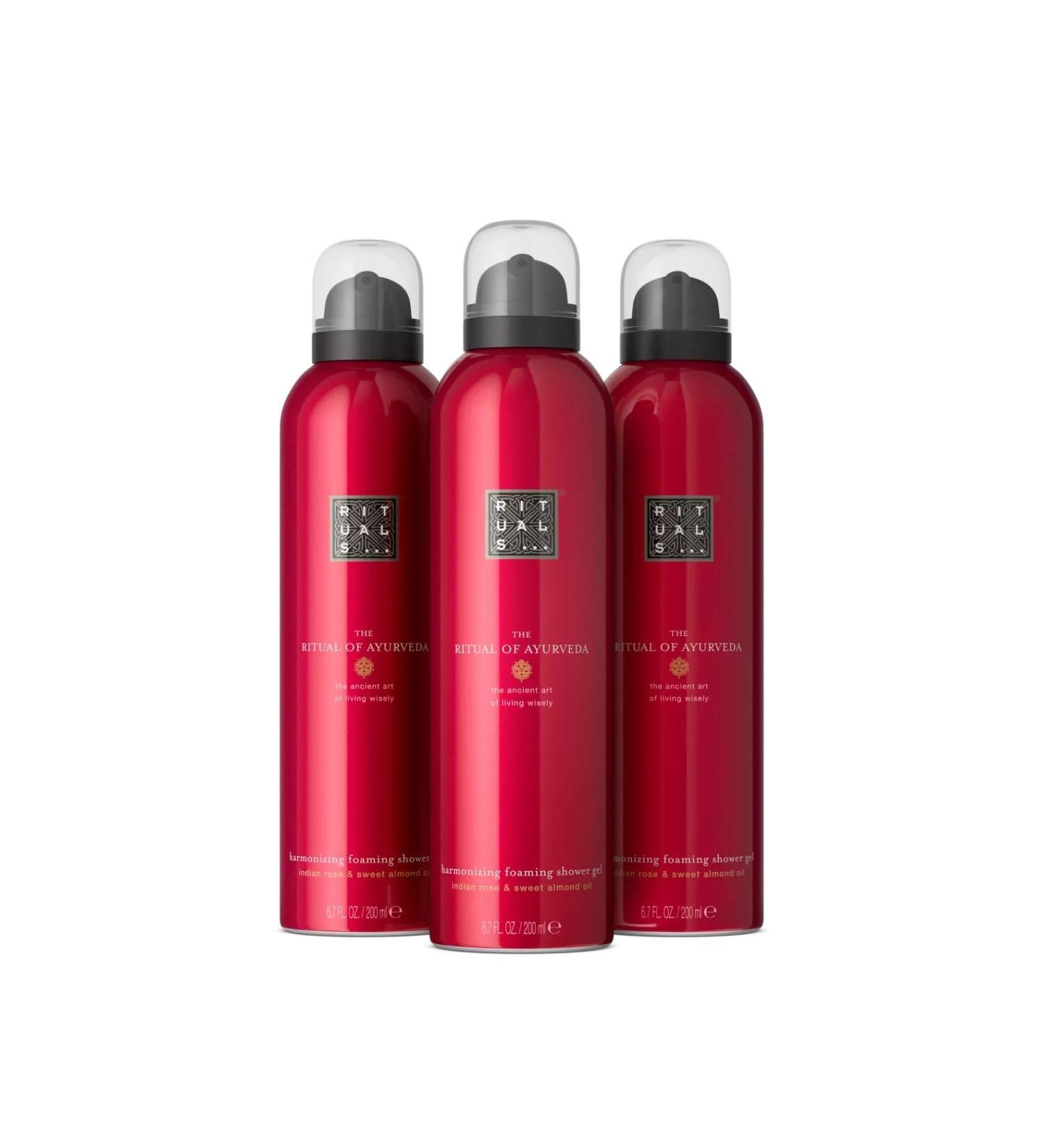 RITUALS The Ritual of Ayurveda Shower Foam | Shower Gel with Indian Rose and Sweet Almond Oil | Balancing Scent | Beneficial Pack 3 x 200 ml - Buy Online on GoSupps.com