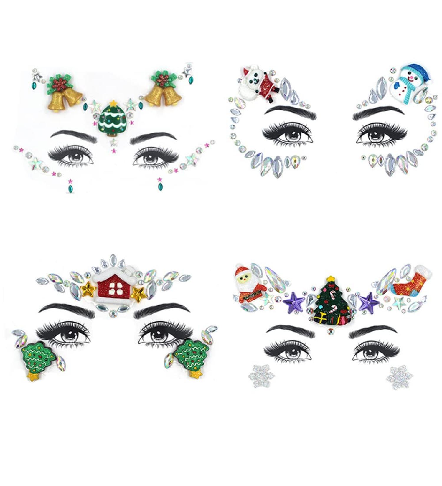 Christmas Face Gems Tattoo Stickers - Xmas Body Jewelry Rhinestone Santa Claus Snowman Christmas Tree Design - Temporary Sparkly DIY Jewel Paste for Festive Makeup (4 Sheets) - Buy Online on GoSupps.com