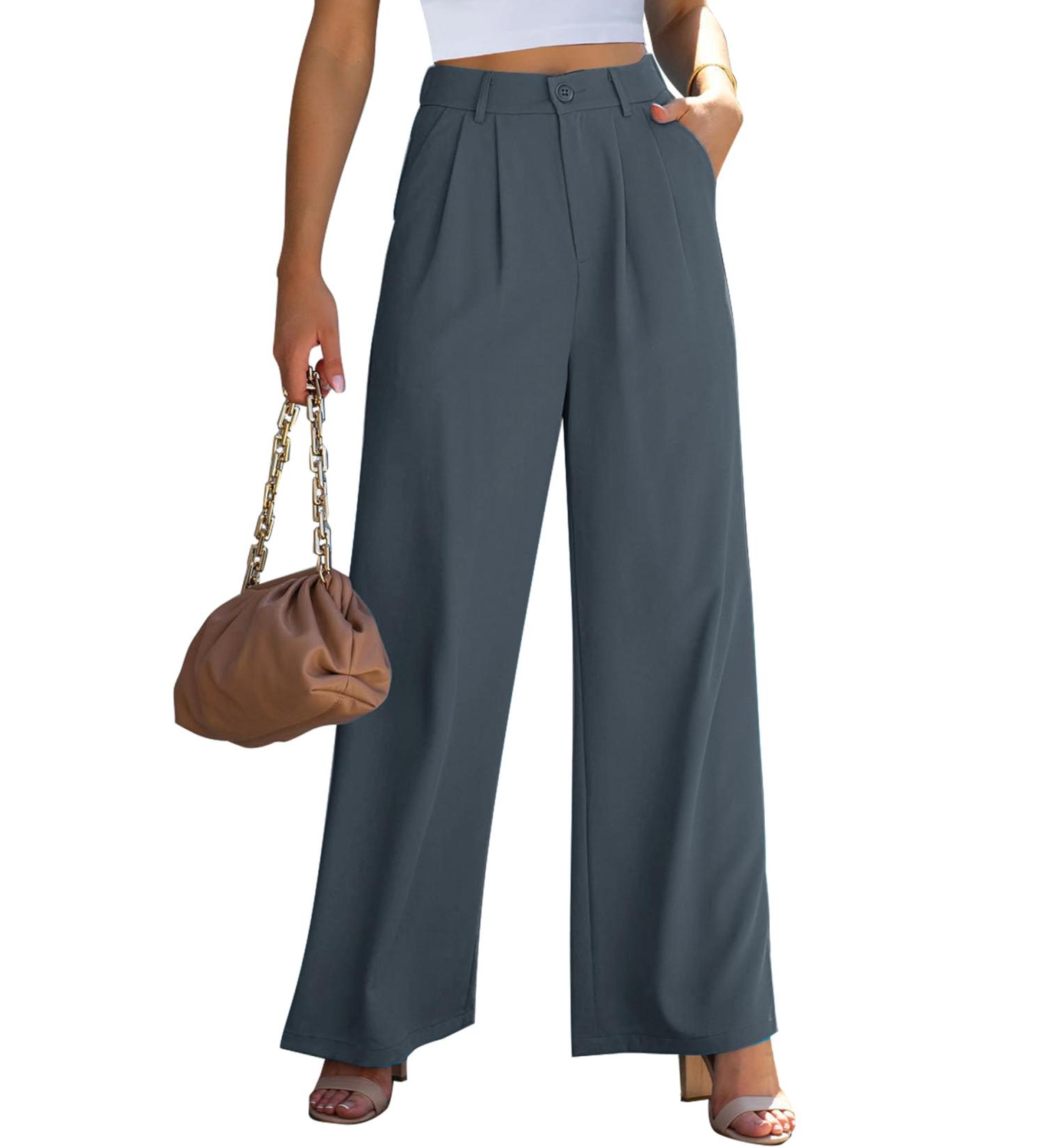 Vetinee High Waisted Wide Leg Dress Pants | Women's Work Trousers with Pockets | Business Office Attire in Folkstone Gray - Buy Online on GoSupps.com