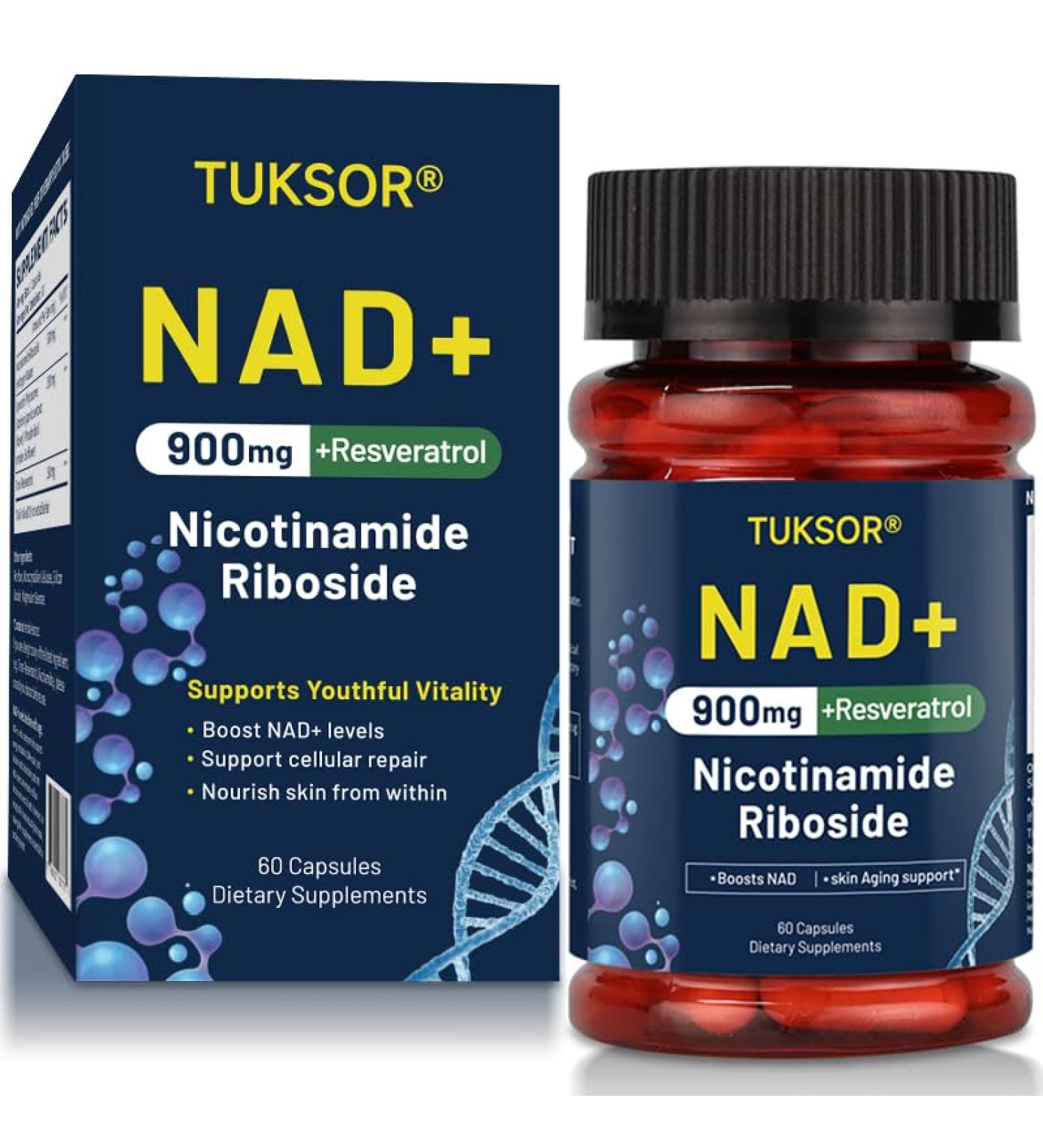 TUKSOR NAD+ Supplement Nicotinamide Riboside Liposomal Resveratrol Cellular Repair Supports Energy Aging Vitality Focus 60 Capsules - Buy Online on GoSupps.com