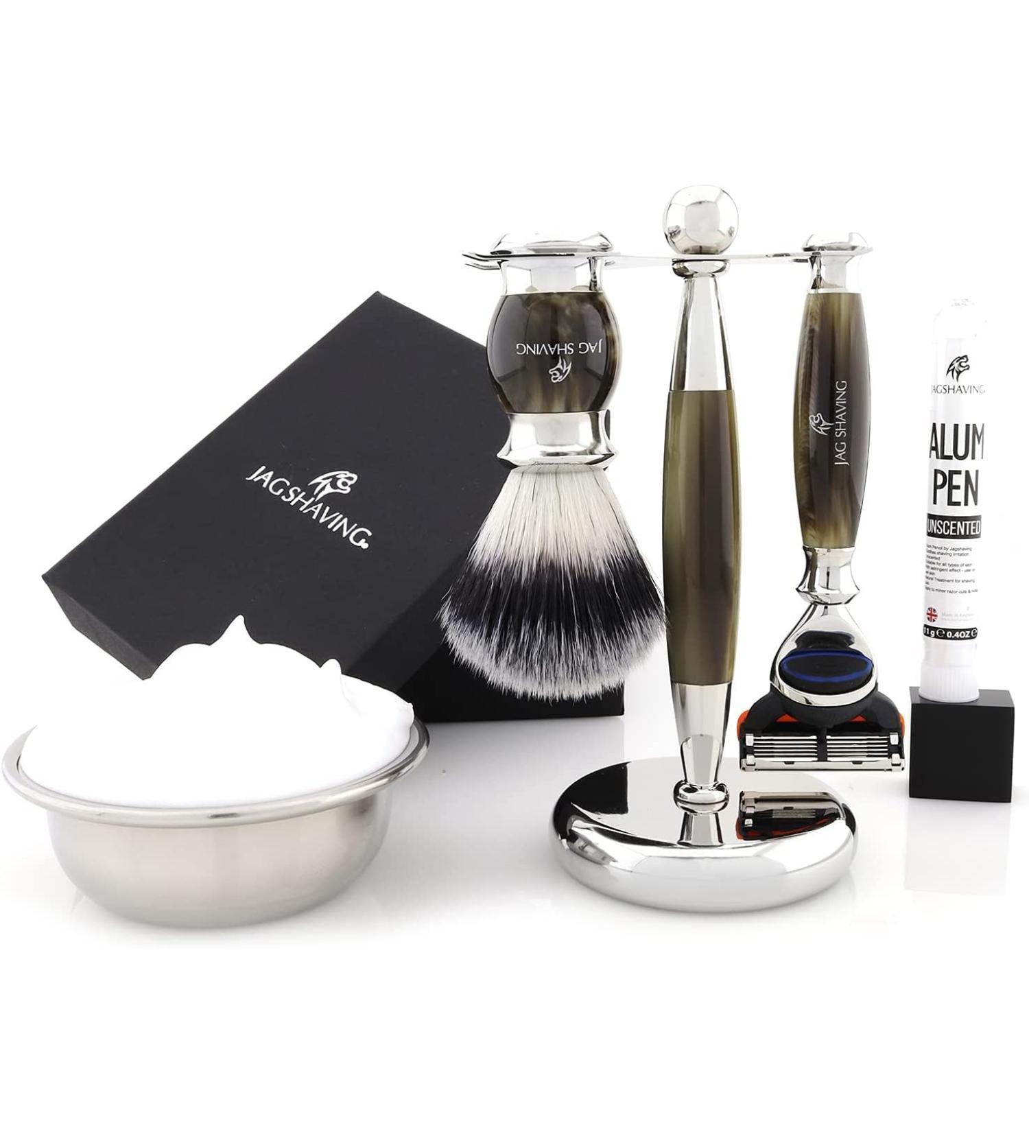 Jag Shaving Razor Set - 3-Part Safety Razor Set with Synthetic Silver Razi Brush & Stand - Premium Lee Range - International Shipping - Buy Online on GoSupps.com