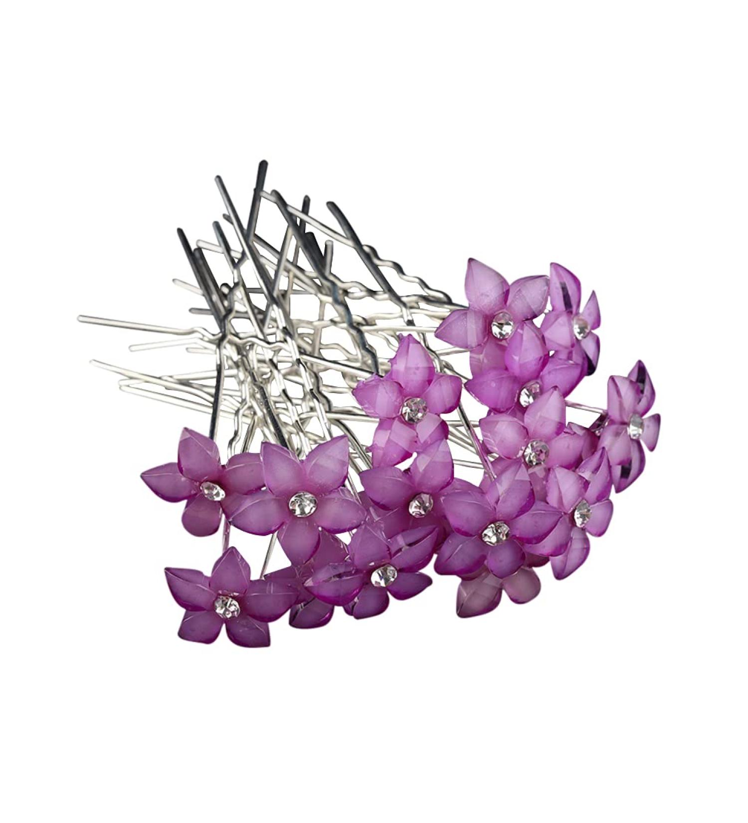 Crystal Rhinestones Flowers UShaped Hairpins for Brides/Bridesmaids/Prom/Sweet Sixteen/Quinceanera/Weddings - Set of 20 (Purple)