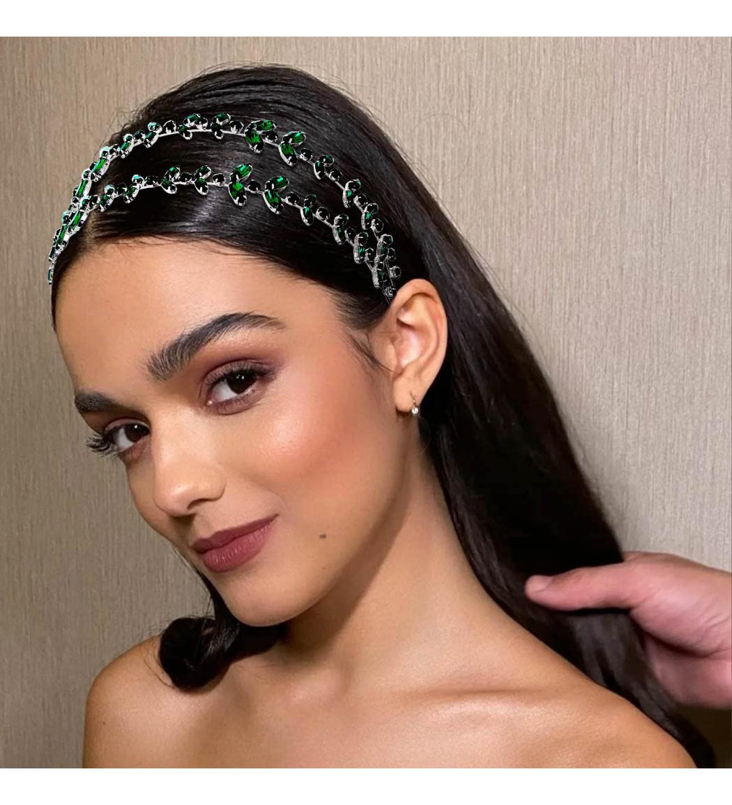 Flatser Green Crystal Bridal Headpiece | Double Layer Silver Rhinestone Wedding Headband for Women - Buy Online on GoSupps.com