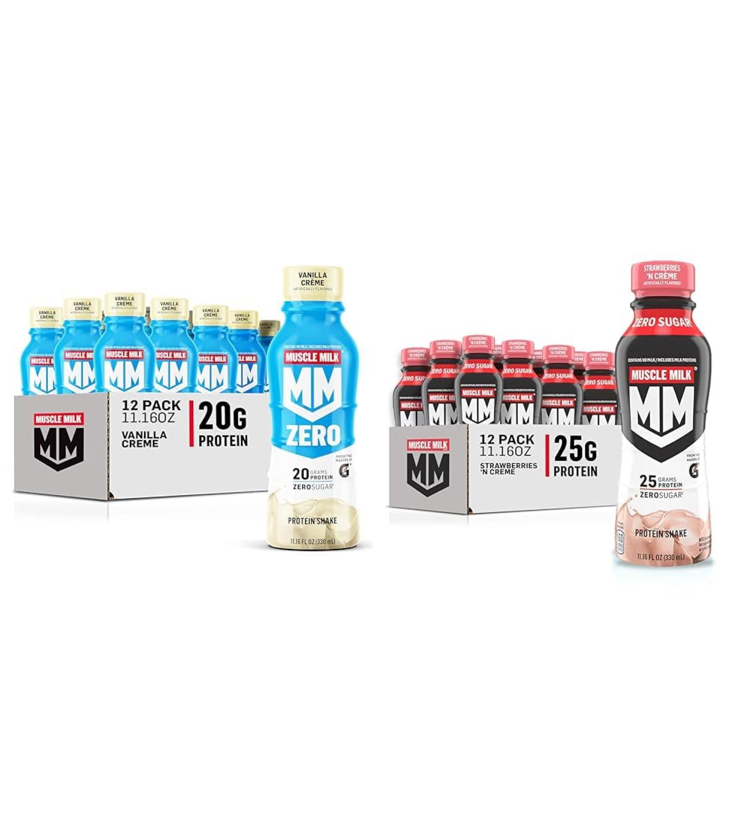 Muscle Milk Zero Protein Shake Vanilla Cr me 20g Protein Zero Sugar 100 Calories Calcium & Genuine Shake Strawberry 11.16 Fl Oz Bottles (Pack of 12)