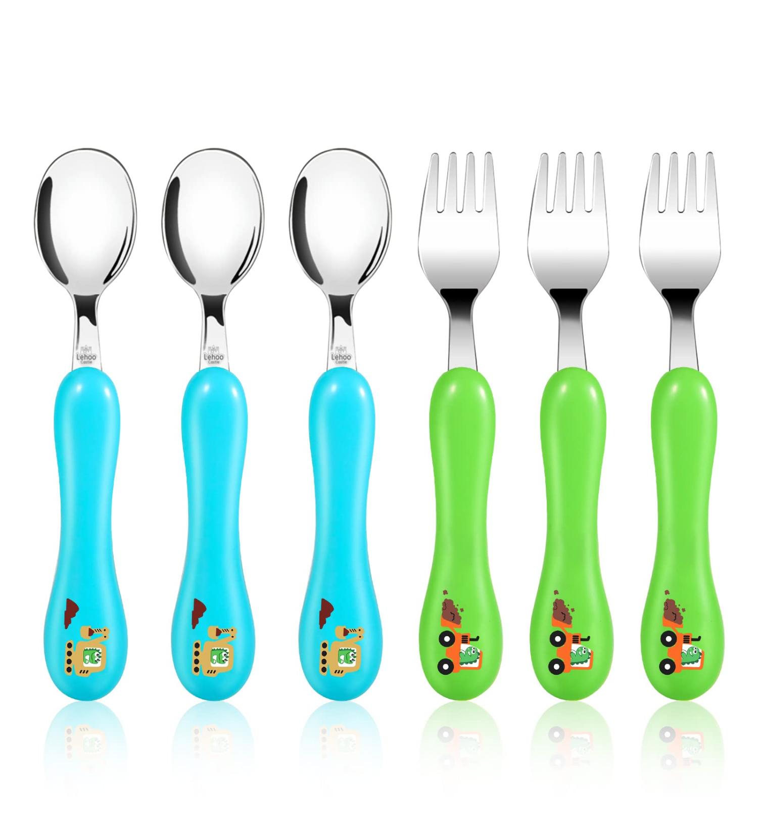 Lehoo Castle Toddler Fork and Spoon Set - 6pcs Stainless Steel Children's Cutlery in Green/Blue - Buy Online on GoSupps.com