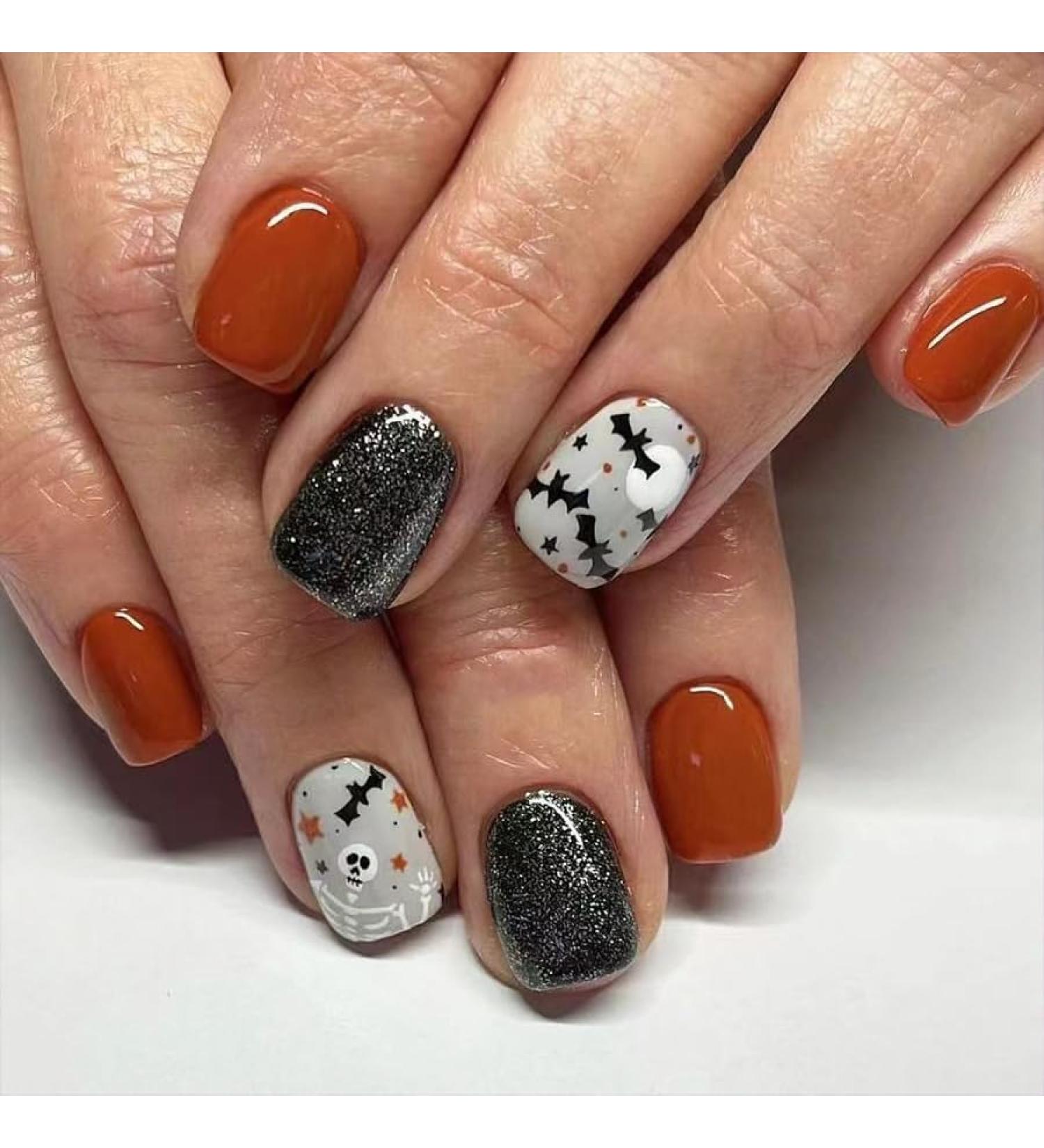 24Pcs Halloween Press on Nails - Short Square Glitter Design Skull Acrylic Full Cover Fake Nails for Women - Cute & Glossy Halloween Stick on Nails - Buy Online on GoSupps.com