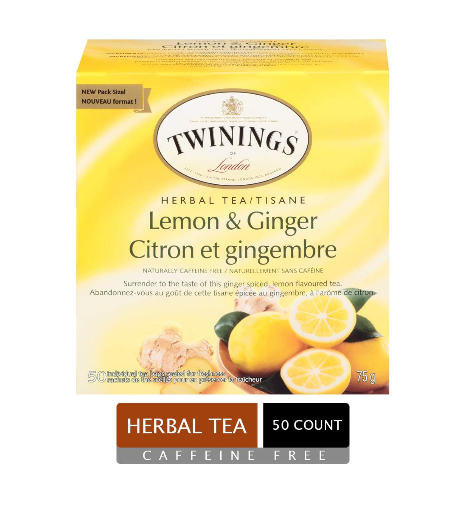 Twinings Lemon & Ginger Herbal Individually Wrapped Tea Bags | Naturally Caffeine-Free | Invigorating Ginger Spiced & Lemon Herbal Tea | 50 Count (Pack of 6) | Enjoy Hot or Iced Ginger Lemon 50 Count (Pack of 6) - Buy Online on GoSupps.com