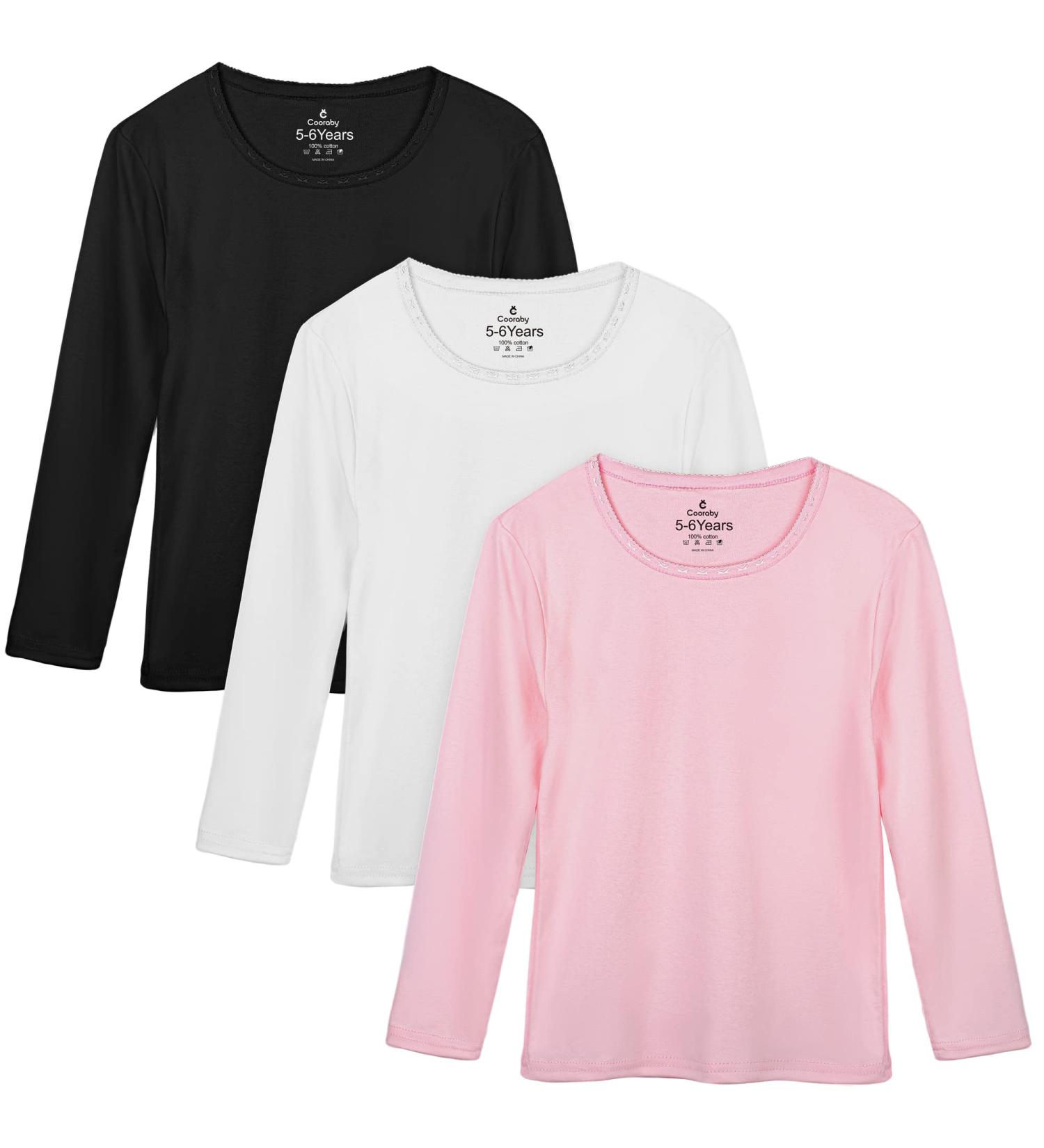 Cooraby 3 Pack Girls' Cotton Long Sleeve Thermal Tops with Lace - 4T Black White Light Pink - Buy Online on GoSupps.com