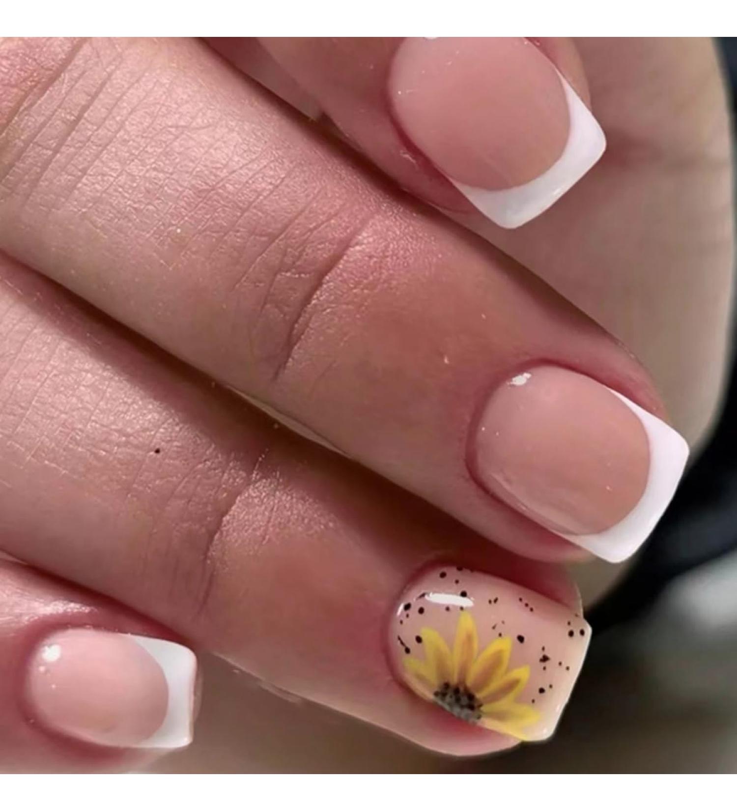 Buy Justotry 24-Piece White Angular Press-On Nails | Gorgeous Sunflower Design | Glossy Fake Nails for Art | Square French Fingernails for Women - Buy Online on GoSupps.com