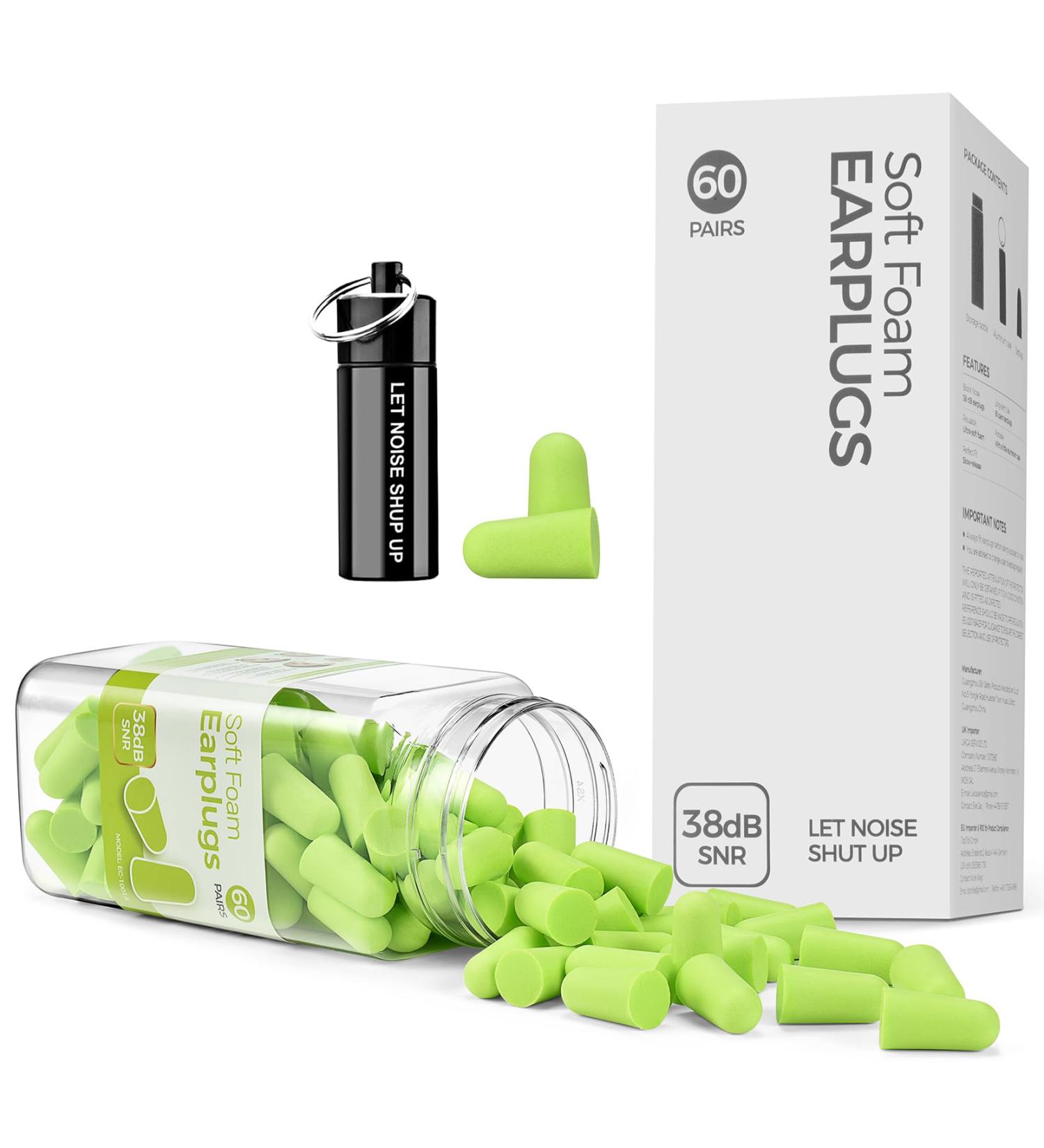 Buy Ear Plugs for Sleeping - 60 Pairs Noise Protection Foam Earplugs 38 dB SNR - Super Soft & Comfortable for Snoring Concerts & Loud Noises - Grass Green - Buy Online on GoSupps.com