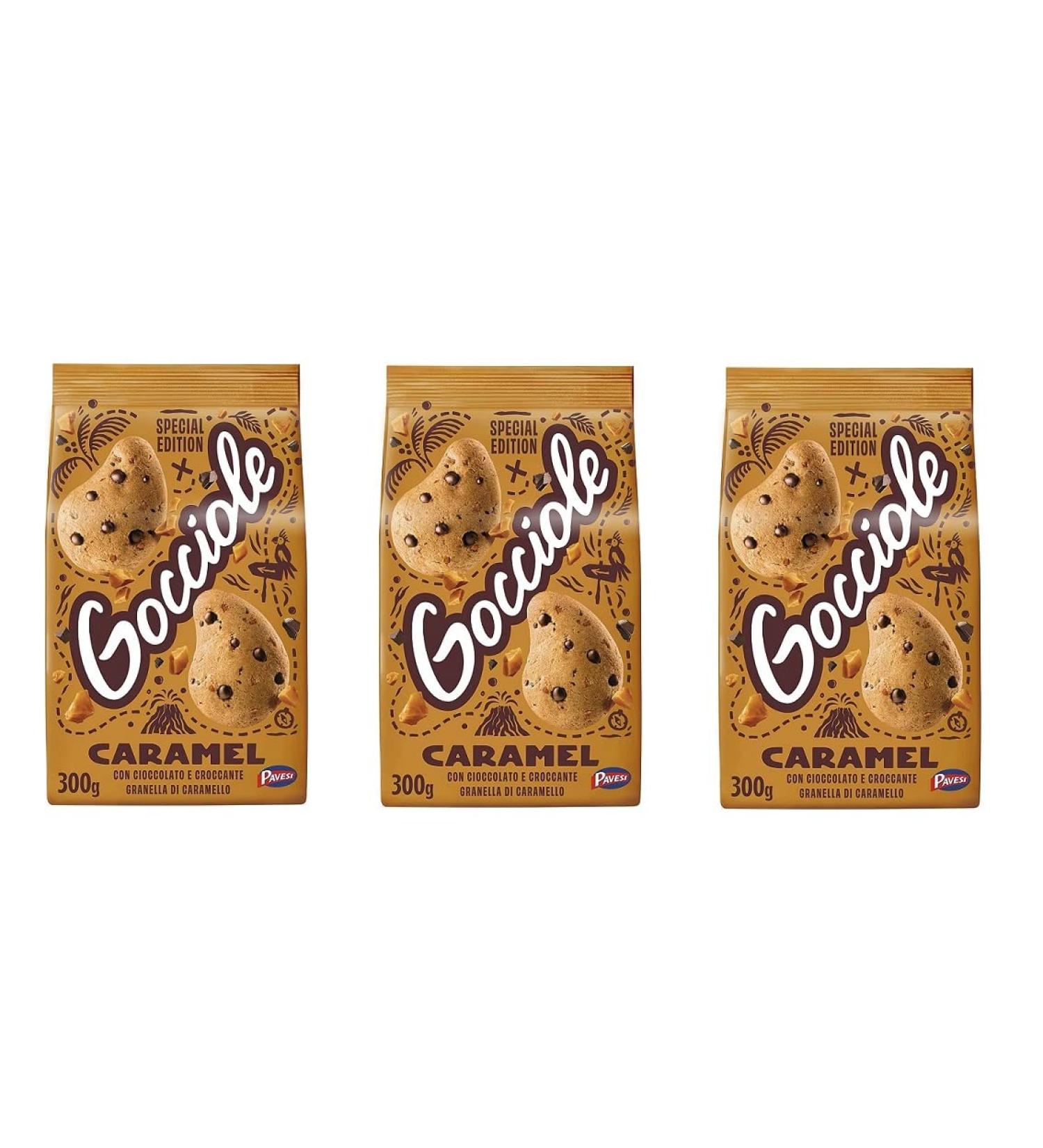 Pavesi Gocciole Caramel Set of 3 cookies with crunchy chocolate and caramel seeds 300 g - Buy Online on GoSupps.com