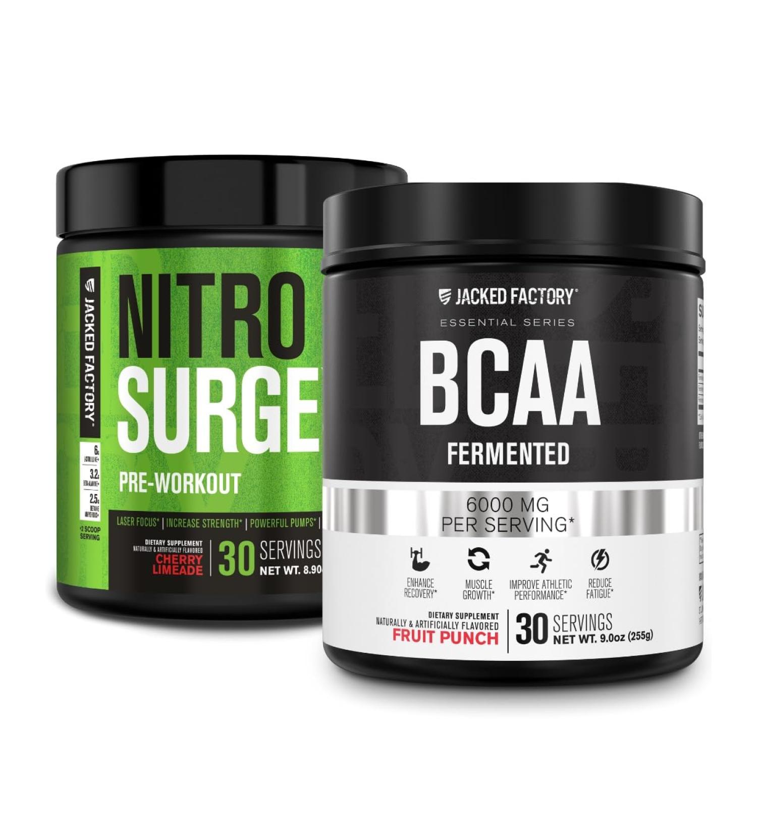 Jacked Factory Nitrosurge Pre-Workout in Cherry Limeade & BCAA in Fruit Punch for Muscle Building and Recovery - Buy Online on GoSupps.com