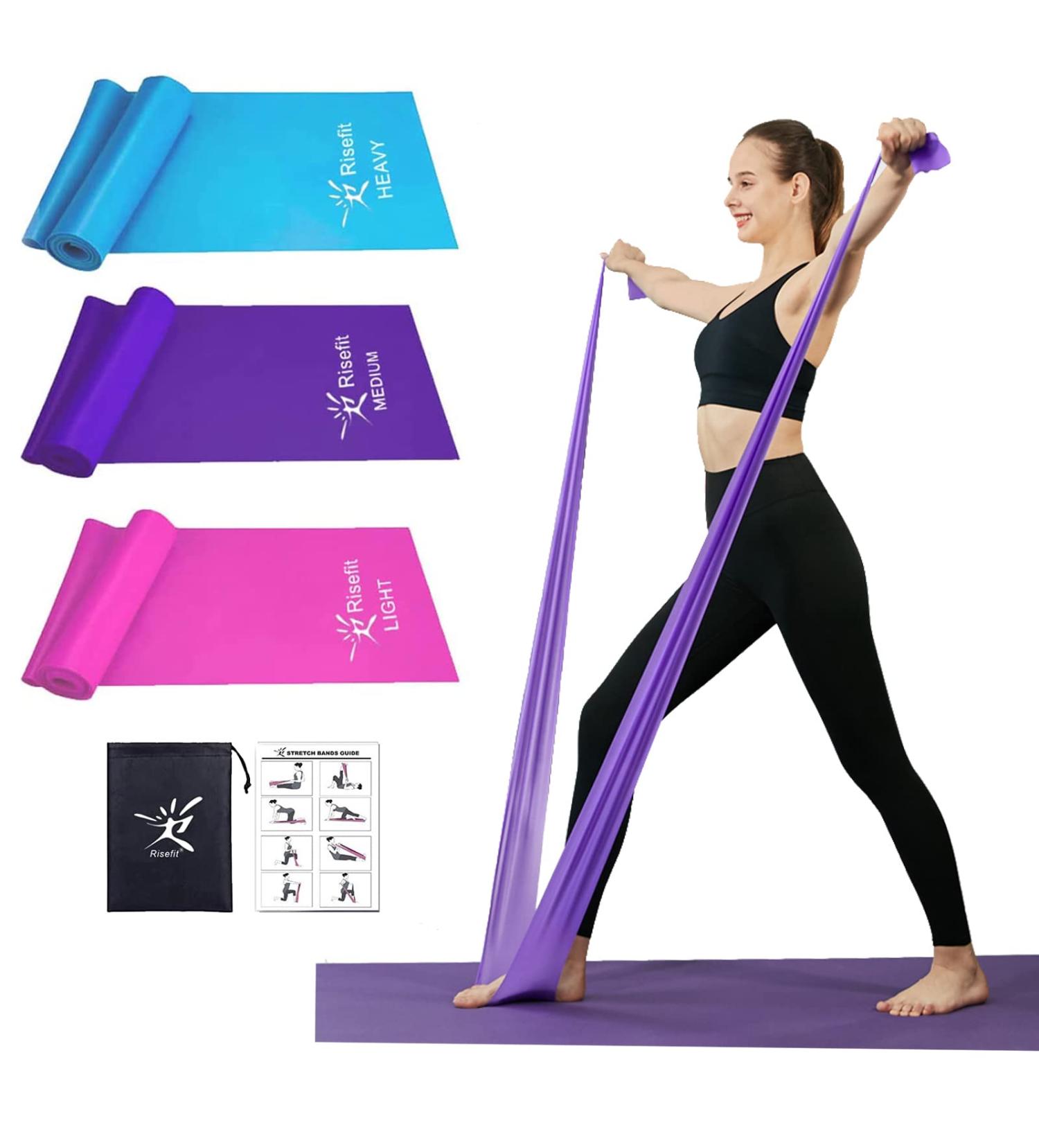 Latex-Free Therapy Flat Resistance Bands Set - 5ft Long for Stretching, Flexibility, Pilates, Yoga - Pink, Purple, Blue (3 Pack) - Ideal for Gymnastics, Rehab, and Workout - Buy Online on GoSupps.com