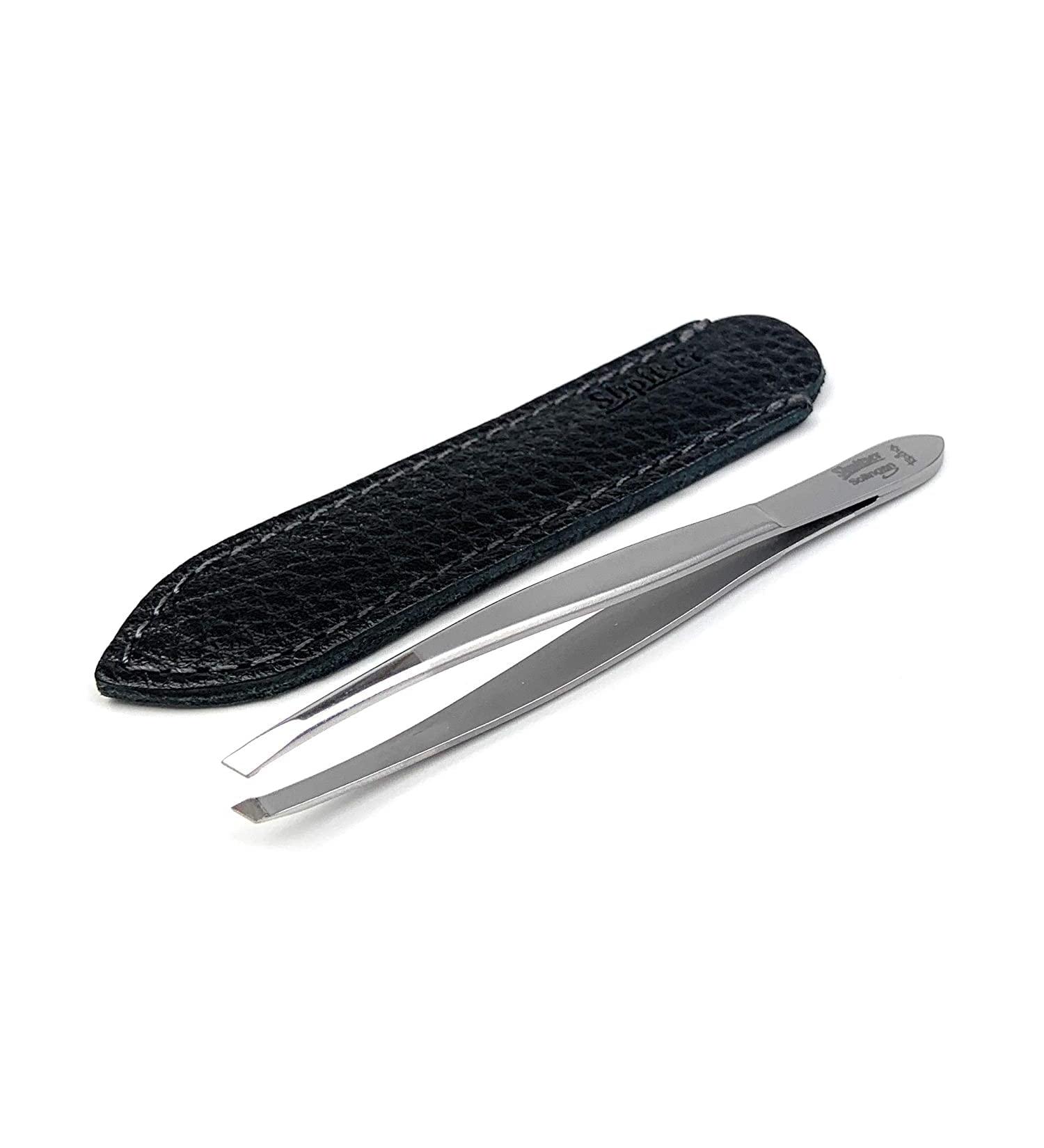 Shpitser German Stainless Steel Eyebrow Tweezers with Ceramic Blasted Slanted Tip - Black Leather Case - Buy Online on GoSupps.com