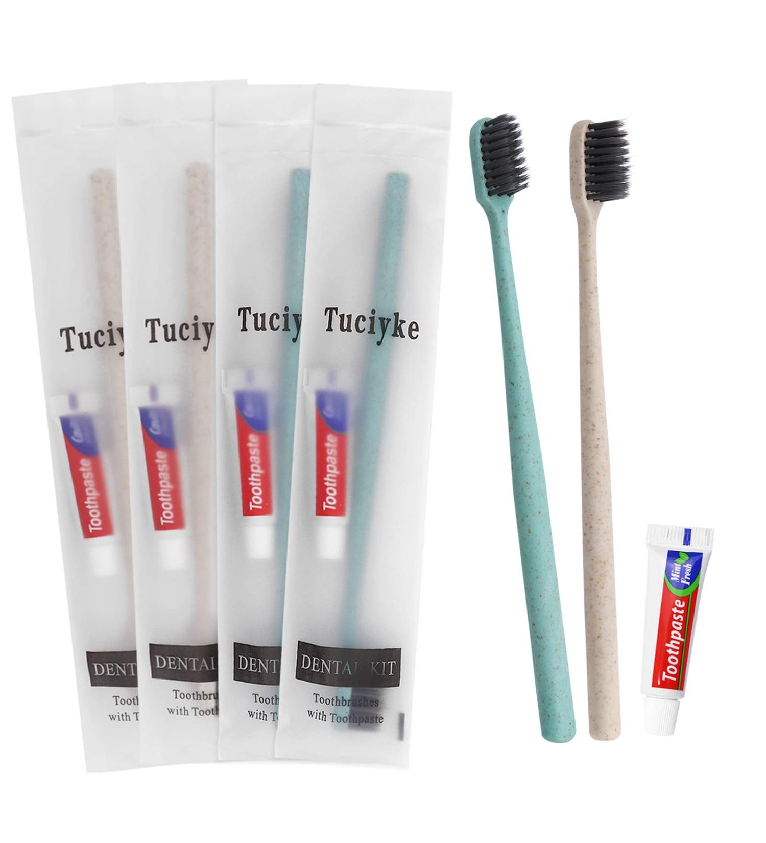 Pack of 50 Disposable Toothbrushes with Toothpaste, Individually Wrapped Travel Kit for Adults & Kids - Ideal for Hotels, Nursing Homes & Charity - Apricot + Green - Buy Online on GoSupps.com