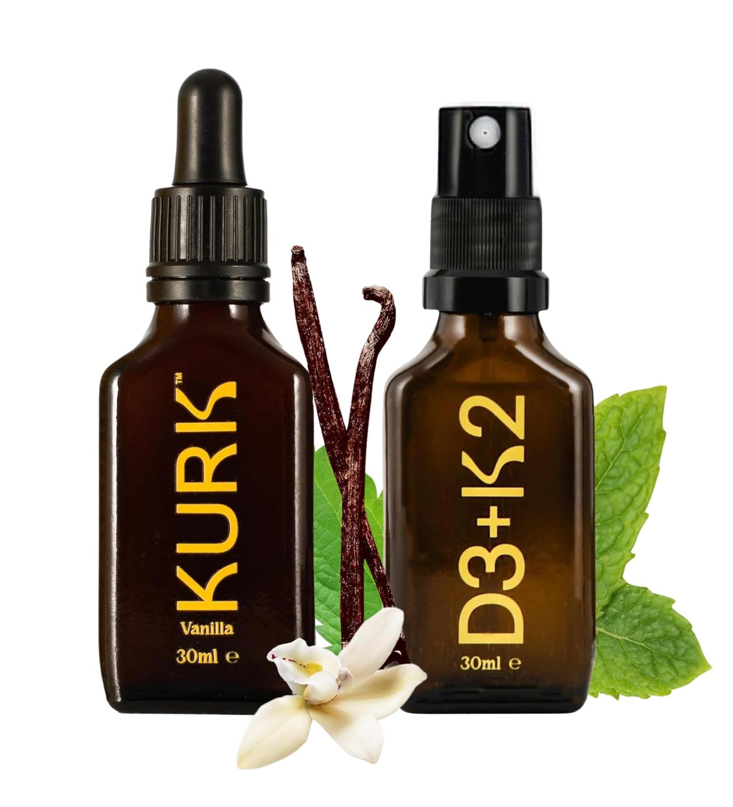 High Strength Liquid Curcumin Oil from Turmeric (Vanilla 1 Fl Oz) and Vitamin D3 K2 Oral Spray (Peppermint 1 Fl Oz) Bundle - Buy Online on GoSupps.com