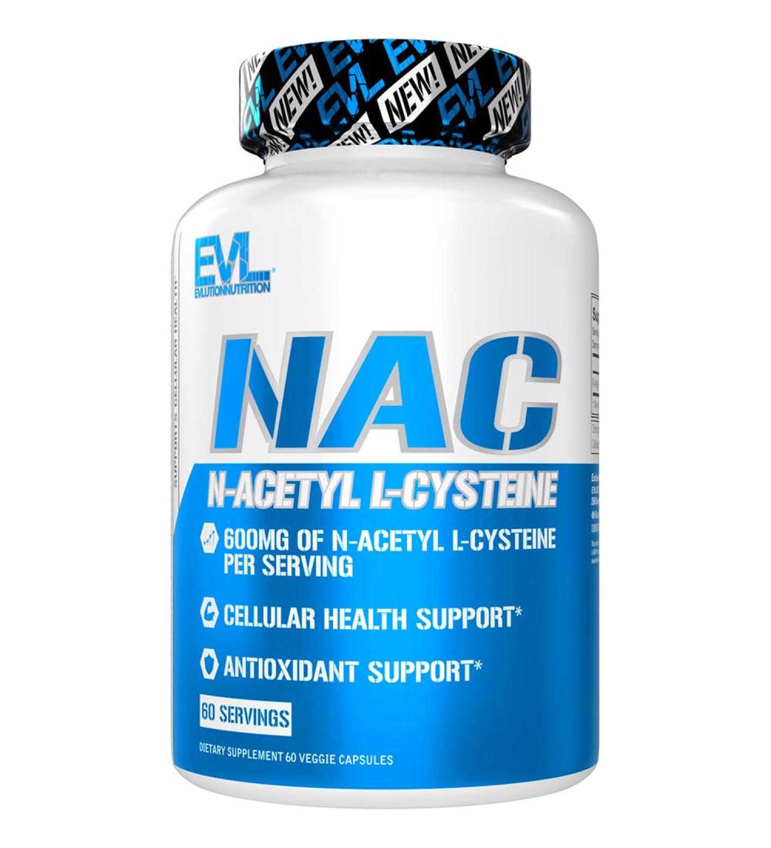 Evlution Nutrition NAC 600mg - N-Acetyl L-Cysteine Antioxidant Support - Vegan & Gluten Free Dietary Supplement - 60 Veggie Capsules - International Shipping Available - Buy Online on GoSupps.com