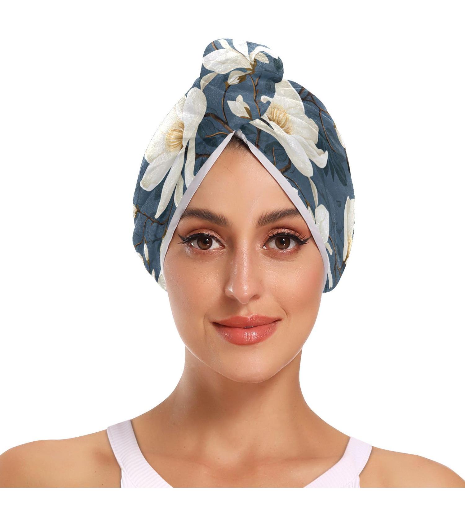 White Flowers Hair Towel 2 Pack | Super Absorbent Quick Dry Hair Turbans for Women & Girls - Buy Online on GoSupps.com