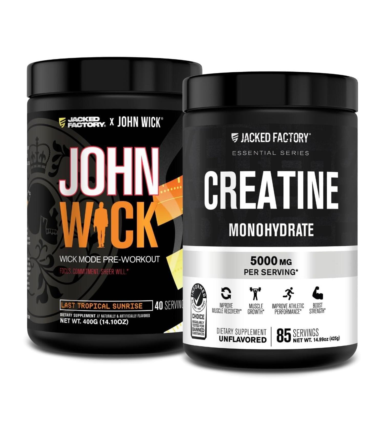Jacked Factory X John Wick - Wick Mode Pre Workout Powder (Last Tropical Sunrise 40 Servings) & Creatine Monohydrate Powder (Unflavored 85 Servings) - Buy Online on GoSupps.com