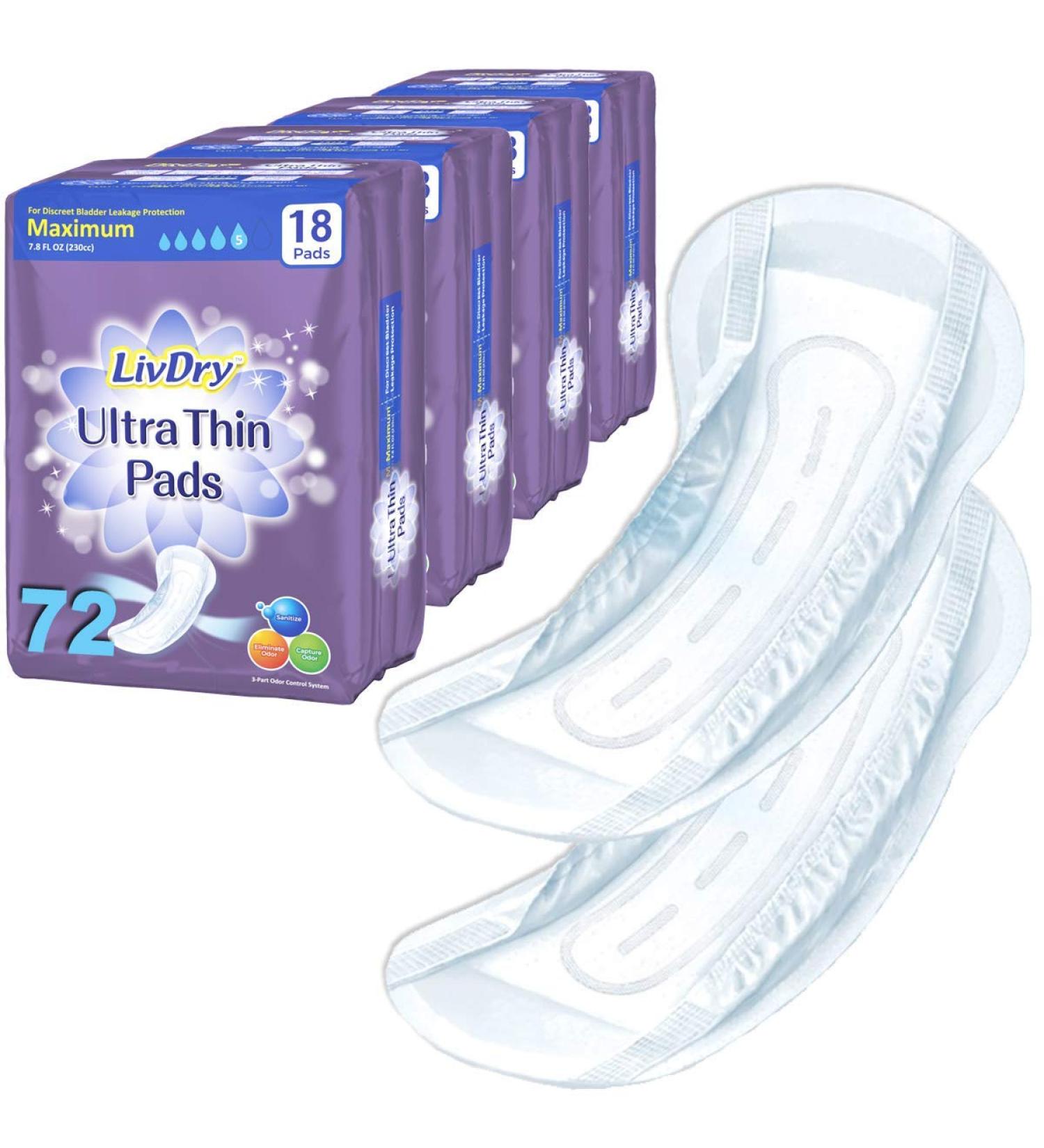 LivDry Incontinence Ultra Thin Pads for Women - Maximum 72-Count - Leak Protection and Odor Control - Buy Online on GoSupps.com