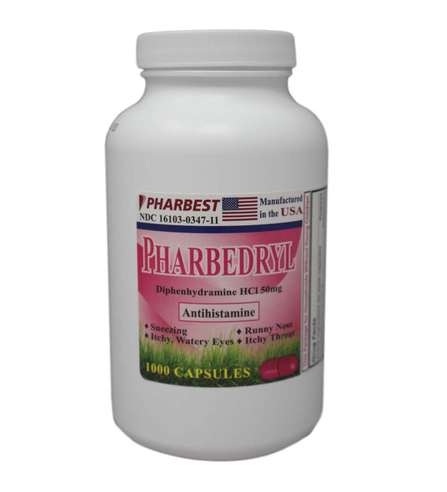 Pharbedryl Diphenhydramine HCI 50 Mg Allergy Medicine - 1000 Capsules | Fast International Shipping - Buy Online on GoSupps.com
