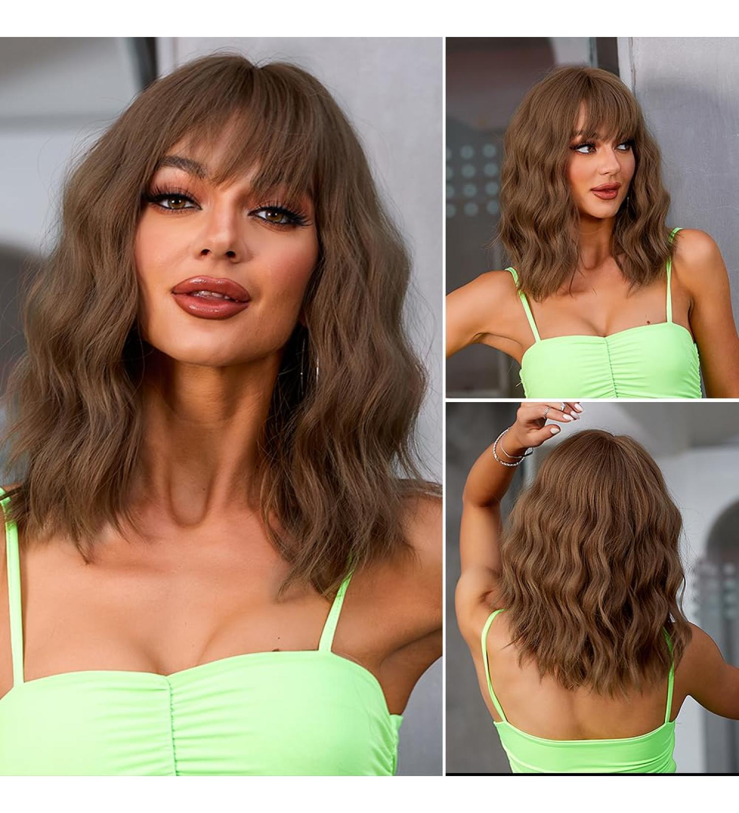 OUFEI Brown Wigs for Women Short Wavy Wig With Bangs Natural Synthetic Hair Heat Resistant Wigs for Daily Party Cosplay Wear Brown(278-3) - Buy Online on GoSupps.com