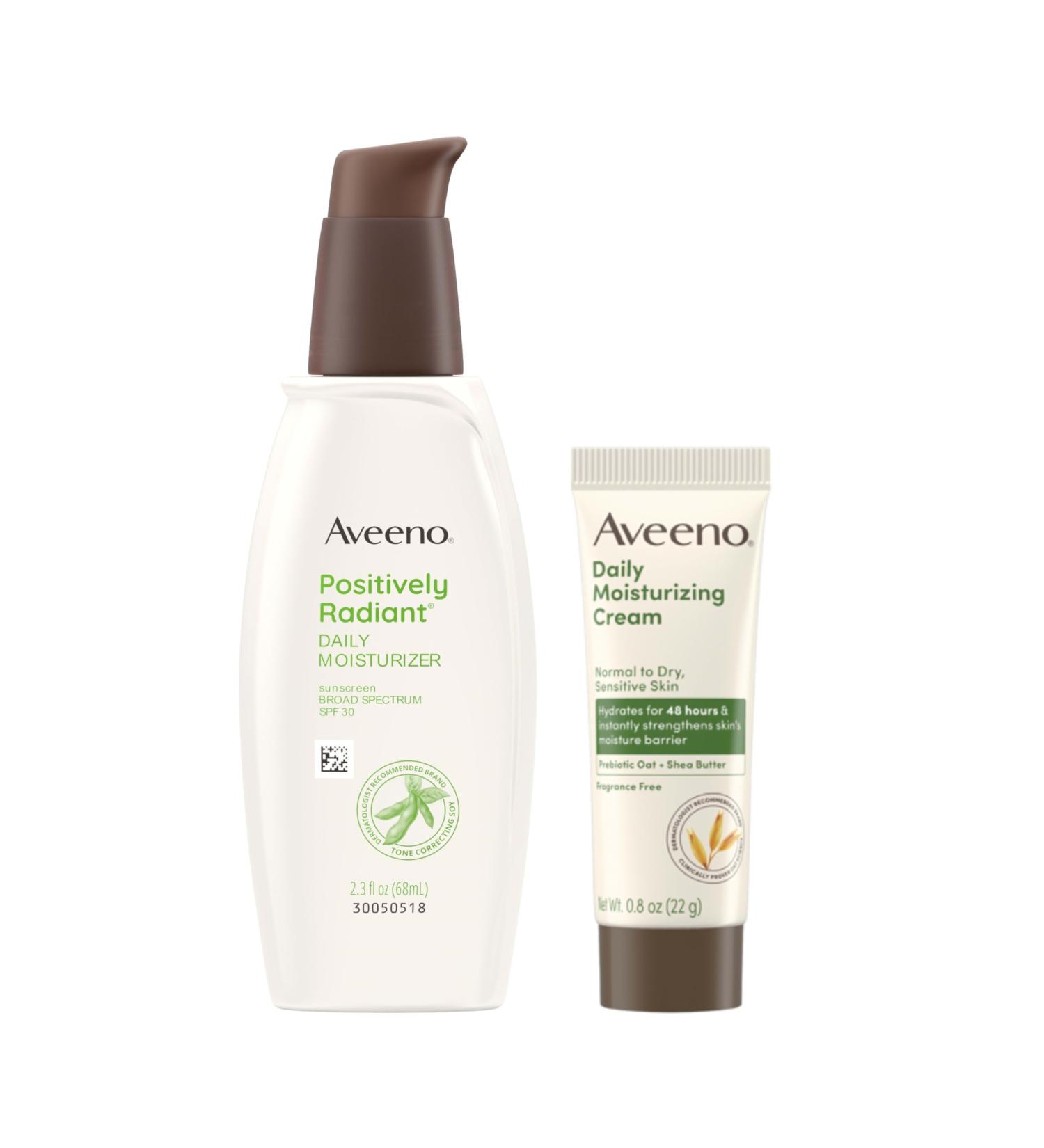 Aveeno Skincare Bundle Positively Radiant Daily SPF 30 Facial Sunscreen Moisturizer + Soy 2.3 fl. oz & Travel Size Daily Moisturizing Cream for Body Face & Hands 0.8 oz Two Pack 2 Items - Buy Online on GoSupps.com