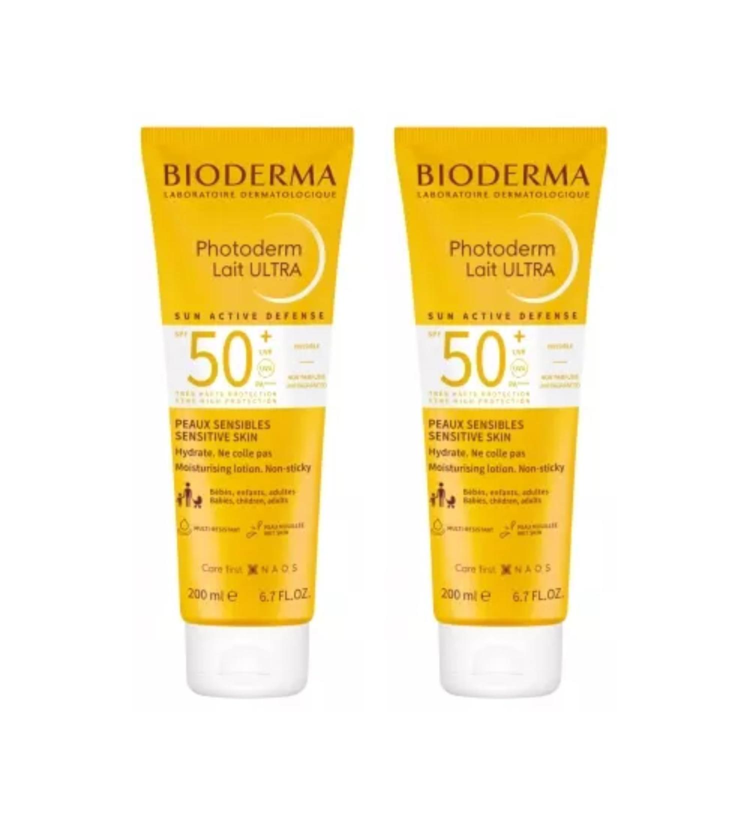 Photoderm | Lait Ultra SPF50+ | Sun Active Defense | 8H | Tr s Haute Protection | Multi-Resistant | Peaux Mouill e & Sensibles | Visage & Corps | Non Parfum e | Fabriqu e en France | Lot de 2x200mL