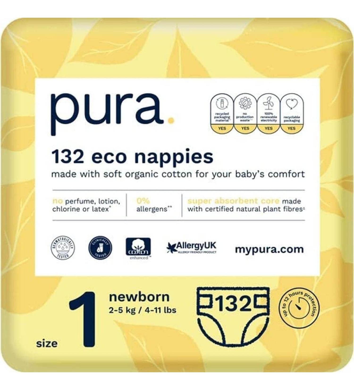 Pura Eco-Diapers Size 1 (Newborn 2-5kg) - 132 Organic Cotton Diapers EU Ecolabel Certified Sensitive Skin Monthly Box Moisture Indicator - Buy Online on GoSupps.com