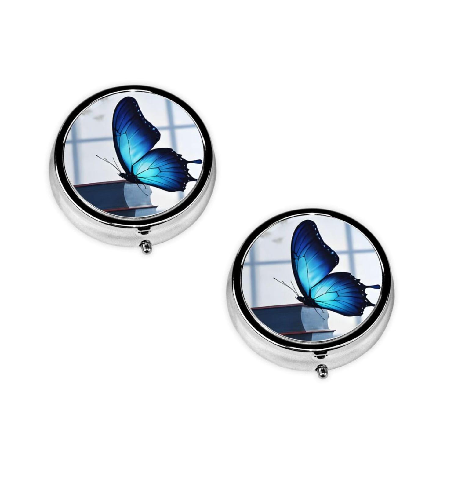 Blue Butterfly Mini Round Pill Box | 3 Compartment Travel Organizer | Portable Medicine Case for Home & Office - Buy Online on GoSupps.com