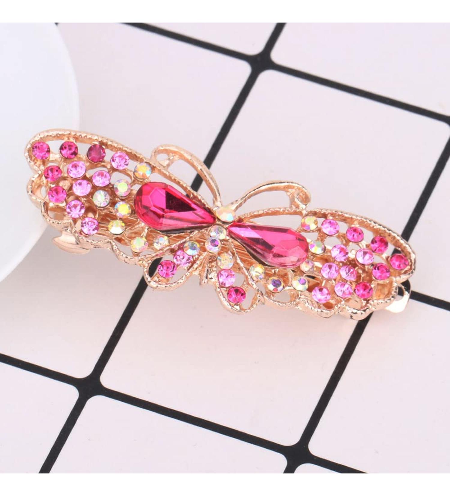 fdsmall Small Luxury Butterfly Hair Barrettes Rhinestone Hair Clips Crystal Girl's Ponytail Hairpin Hair Clasps Accessories - Pink
