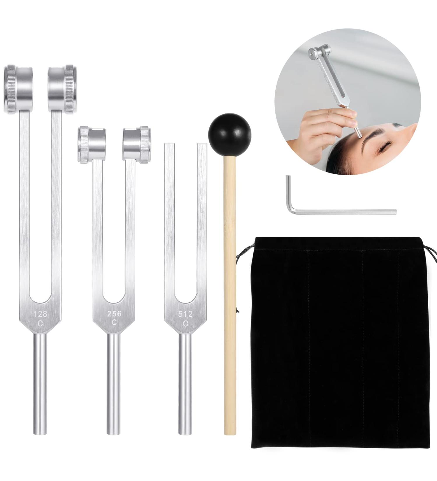 Chakra Healing Tuning Fork Set (128Hz 256Hz 512Hz) with Reflex Hammer - Sound Therapy/DNA Repair - Gift for Buddhists & Yoga Teachers - Buy Online on GoSupps.com
