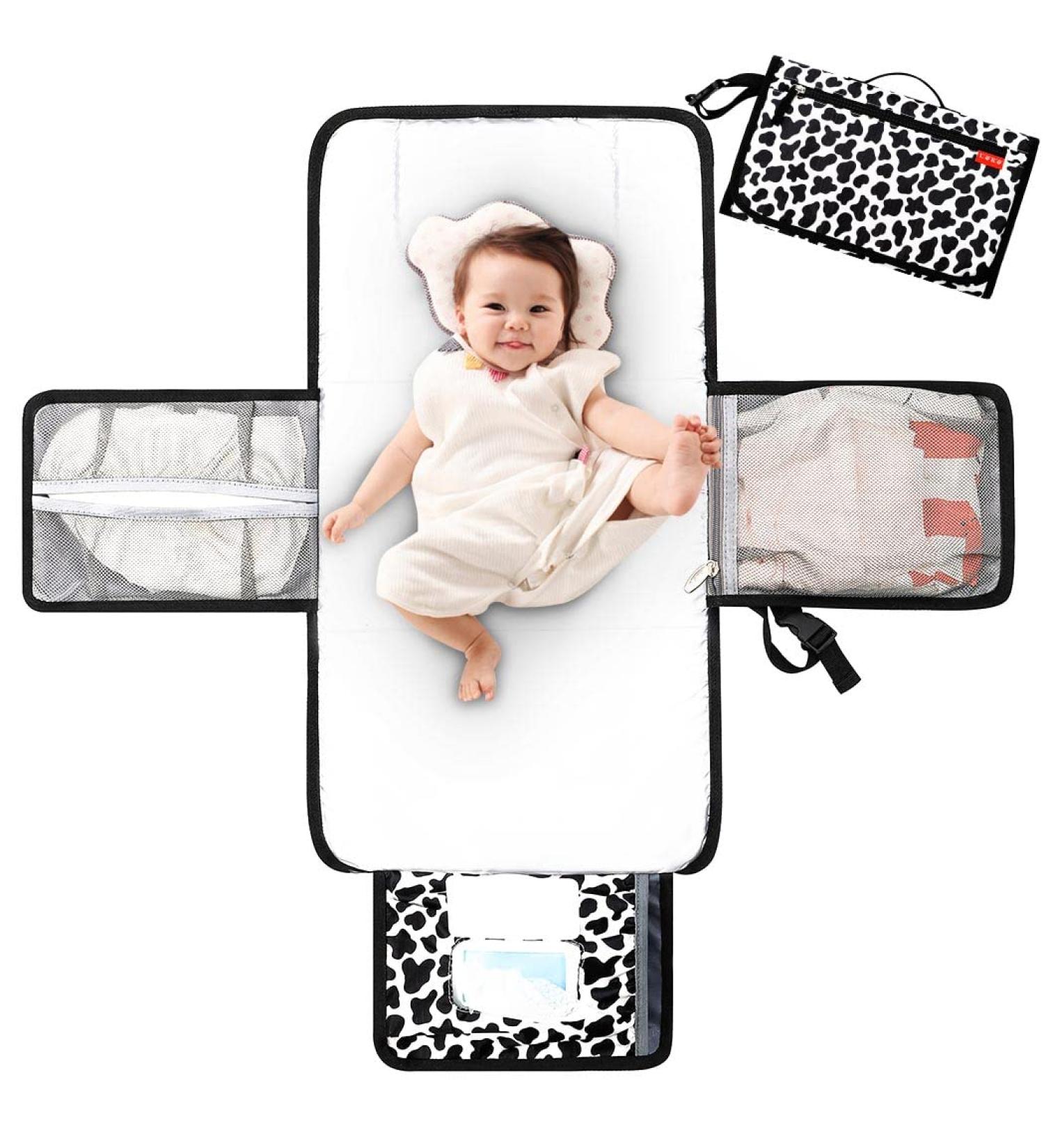 Lekebaby Nappy Changing Mat Portable Changing Mat Baby Travel Change Mat with Wipe-Pocket and Head Cushion Cow Stria Grey-Cow Stria - Buy Online on GoSupps.com
