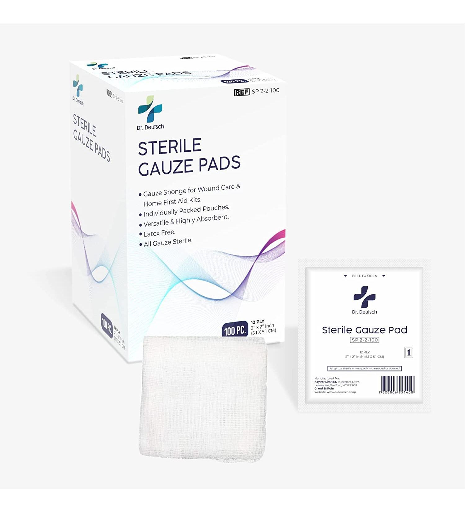Buy Dr. Deutsch Sterile Gauze Pads 2"x2" - 100 Individually Packed 12-Ply Cotton Wound Dressings for First Aid & Home Care | Highly Absorbent & Ideal for International Shipping - Buy Online on GoSupps.com