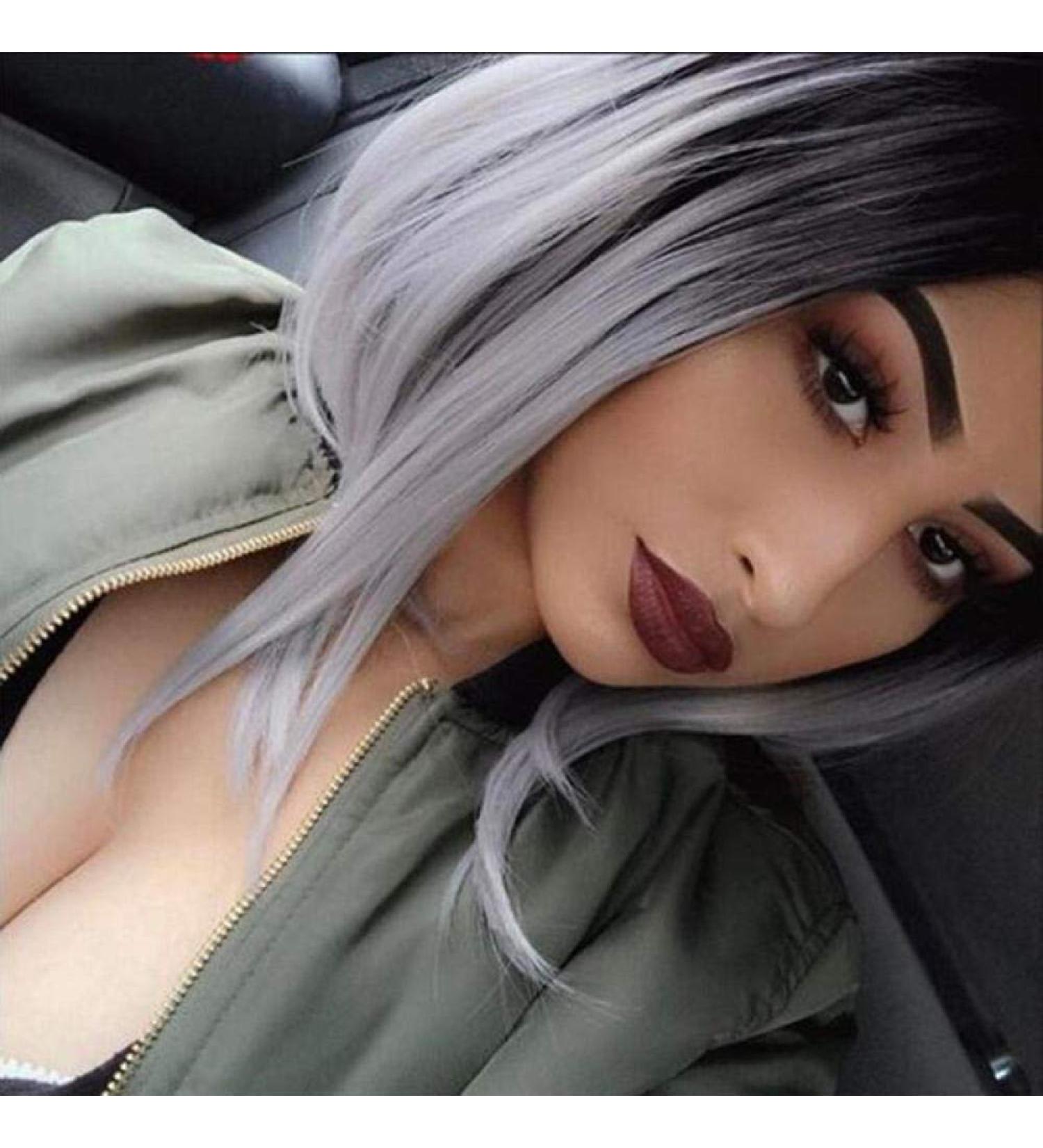 European and American women s long straight hair black gradient grandma gray gradient chemical fiber wig headgearLinen Pink