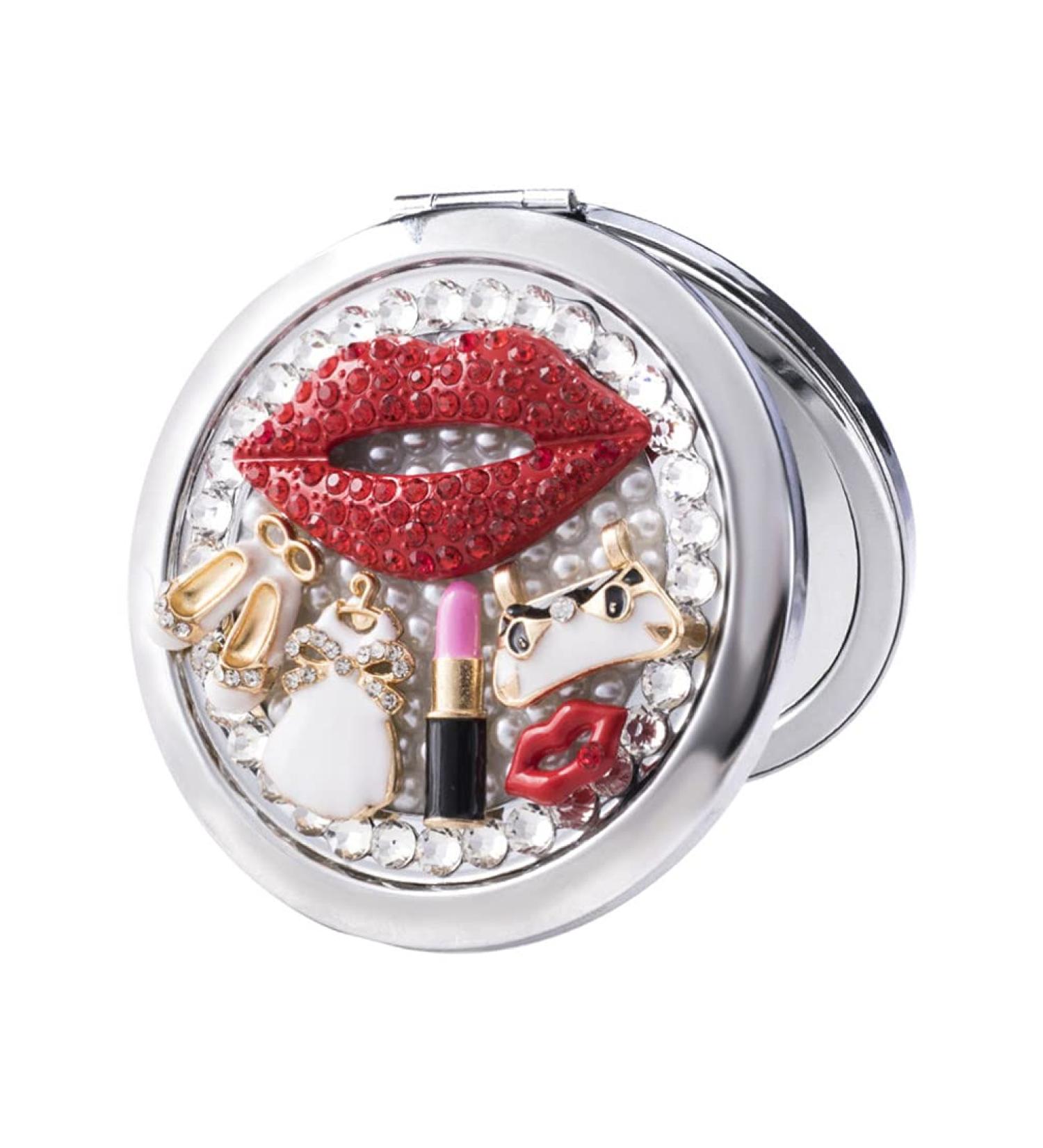 Beaupretty Round Compact Mirror with Rhinestone Red Lips and High Heels Design - Portable Mini Makeup Mirror for Women and Girls - Buy Online on GoSupps.com