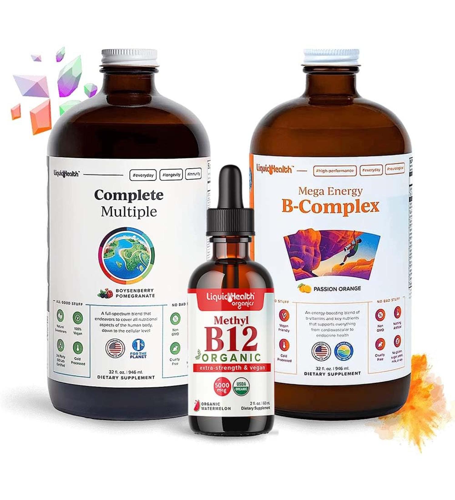 LIQUIDHEALTH High Performance Vitamin Bundle for Adults with Mega Energy B-Complex Complete Multiple Multivitamin & Organic Vitamin B12 Drops - Boost Natural Energy & Improve Athletic Performance - Buy Online on GoSupps.com