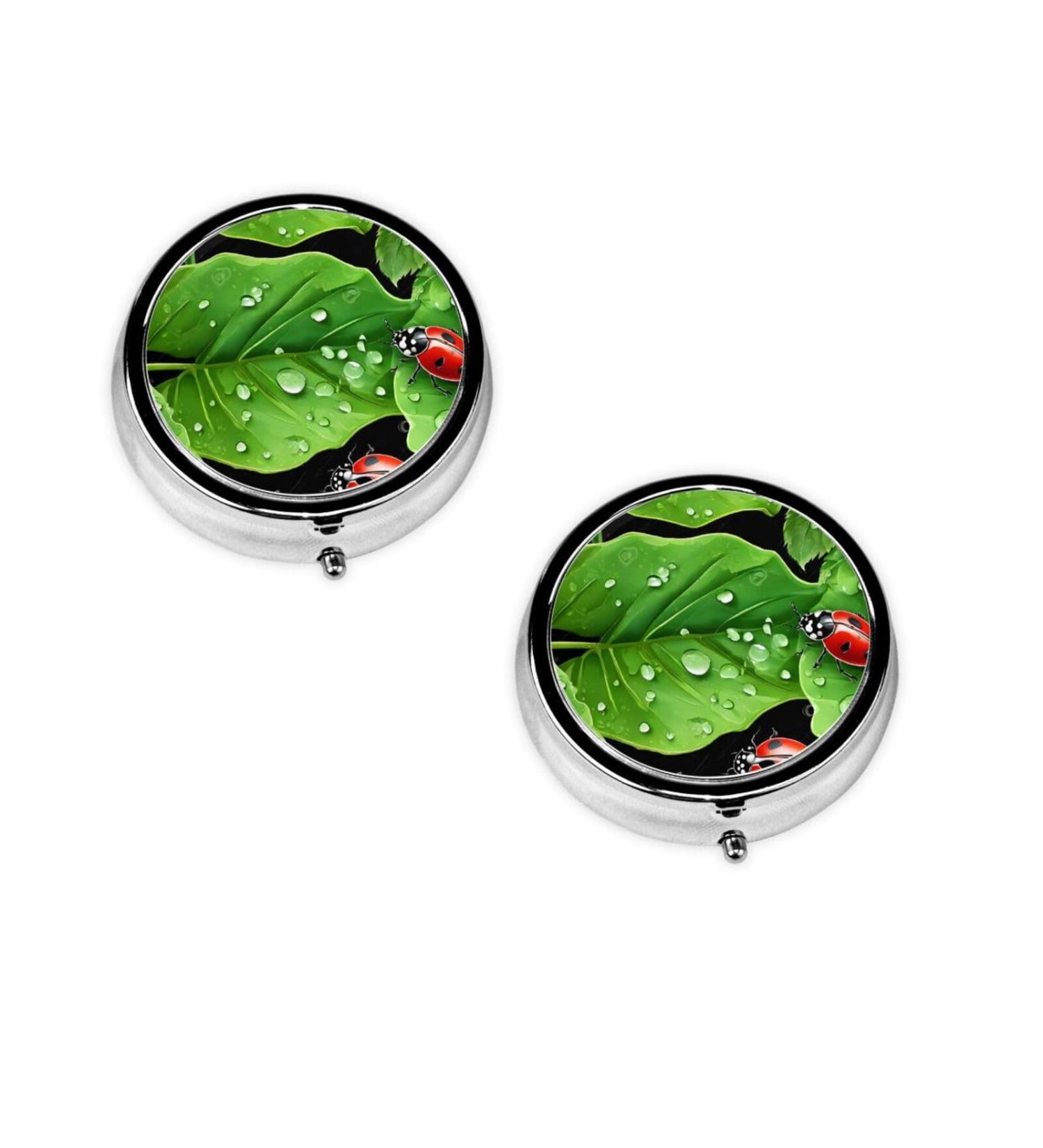 Decorative Round Pill Box with Leaves & Ladybugs - 3 Compartment Travel Organizer for Pills Vitamins & Tablets - Buy Online on GoSupps.com