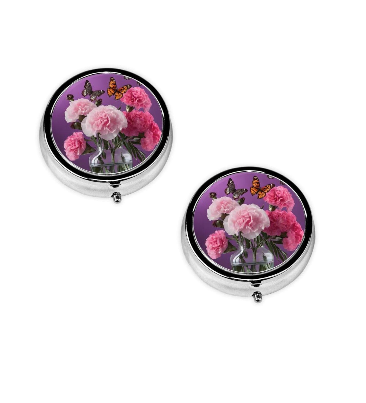 Beautiful Purple Butterfly Floral Round Pill Box | 3 Compartment Travel Medicine Organizer | Decorative Portable Pill Case for Vitamins - Buy Online on GoSupps.com