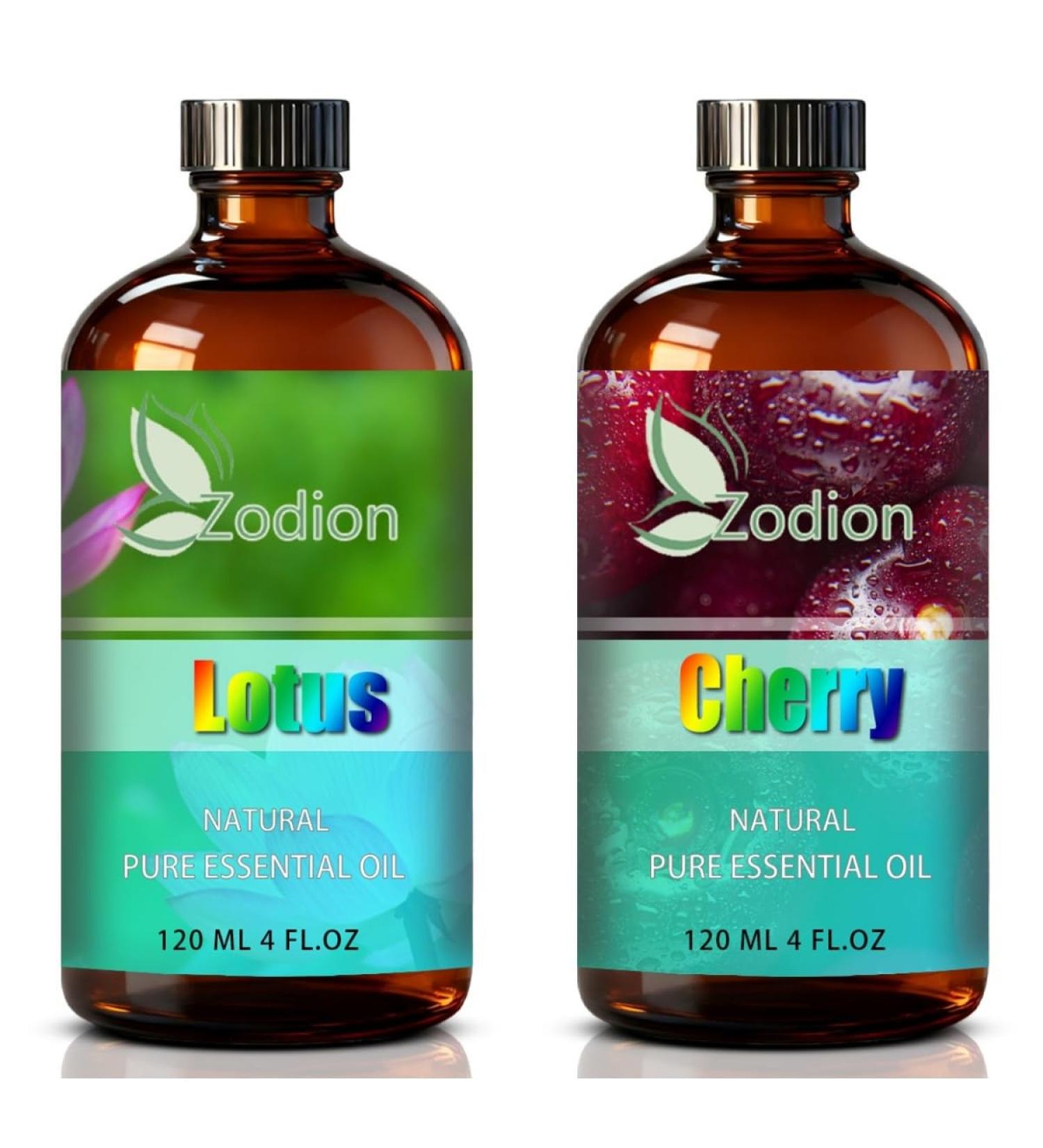 Cherry Essential Oil 4 Fl Oz and Lotus Essential Oil 4 Fl Oz - ZODION Cherry & Lotus Oil for Diffuser Aromatherapy Home Fragrance Skin & Hair Care DIY Candle & Soap Making Yoga - Buy Online on GoSupps.com