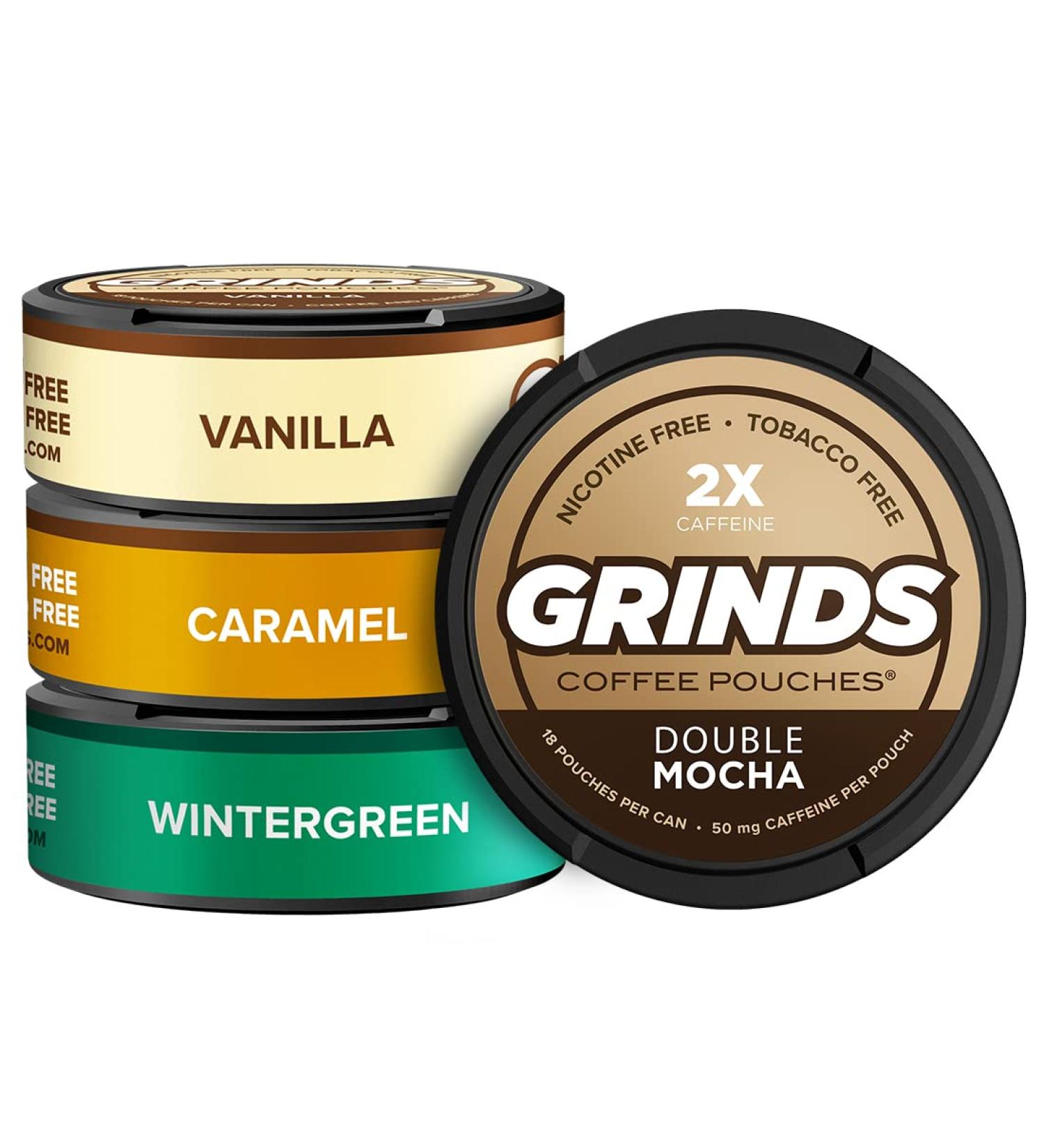 Grinds Coffee Pouches - Wintergreen, Caramel, Double Mocha & Vanilla | Tobacco & Nicotine Free | Healthy Alternative - 1 Pouch = 1/4 Cup of Coffee - Buy Online on GoSupps.com